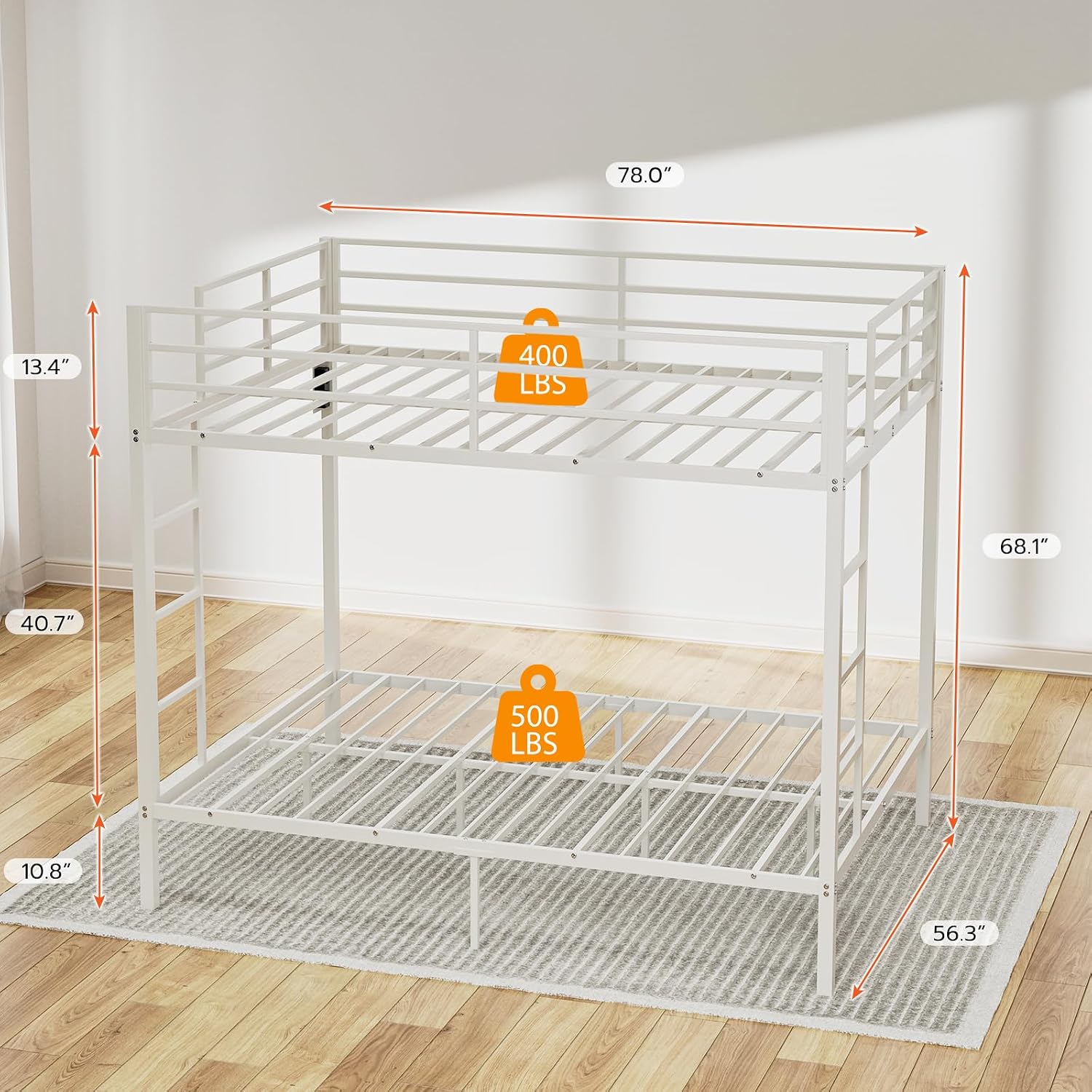IKIFLY Full Over Full Bunk Beds with LED Lights and Charging Station, Heavy Duty Metal Full Size Bunk Bed Frame, Safety Guardrail & 2 Ladders, Space-Saving Design, No Box Spring Needed, White