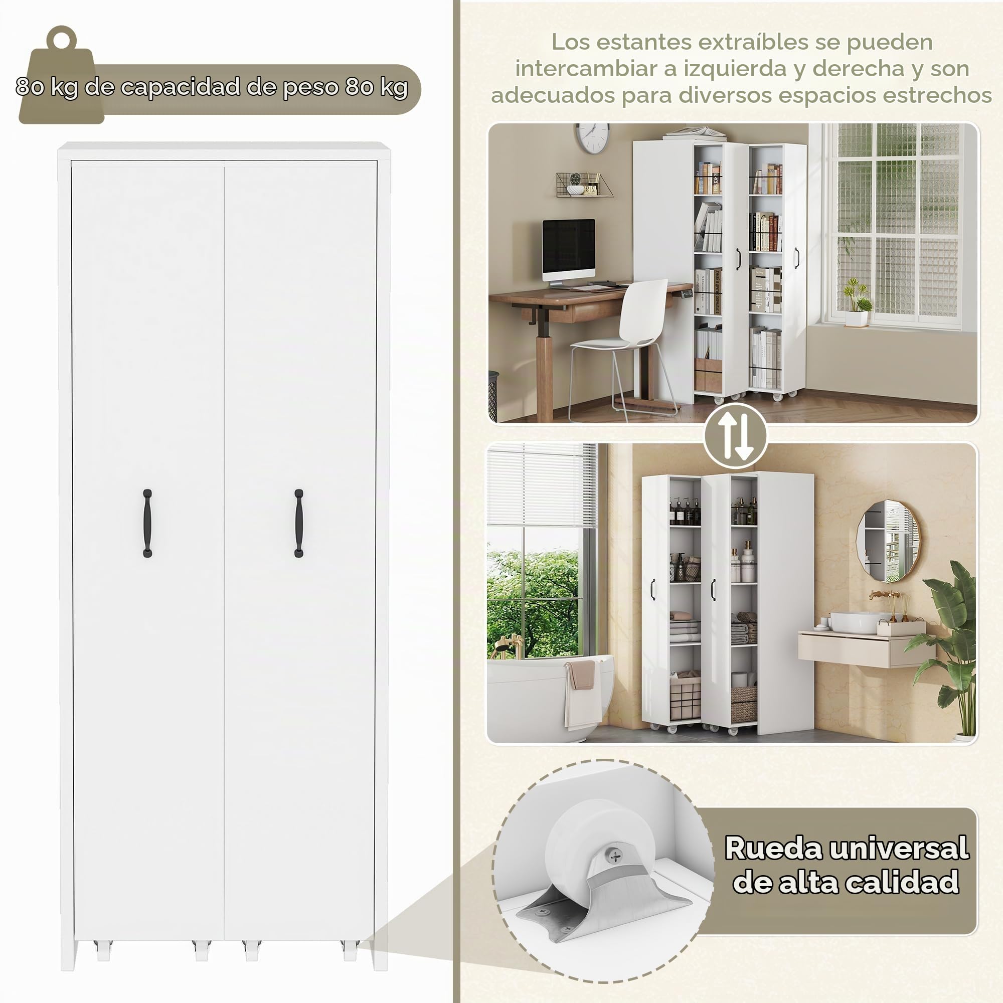 SACOOL Estantería extensible con ruedas, 4 niveles, MDF, capacidad de carga de 20 kg por nivel, intercambiable a izquierda y derecha, se puede utilizar como estantería para baño, cocina o salón, color