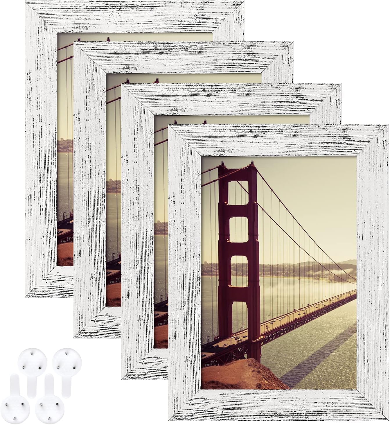 BAIJIALI 4x6 Picture Frame Distressed White Wood Pattern Set of 4,Display Pictures 3.5x5 with Mat or 4x6 Without Mat, Horizontal and Vertical Formats for Wall and Table Mounting