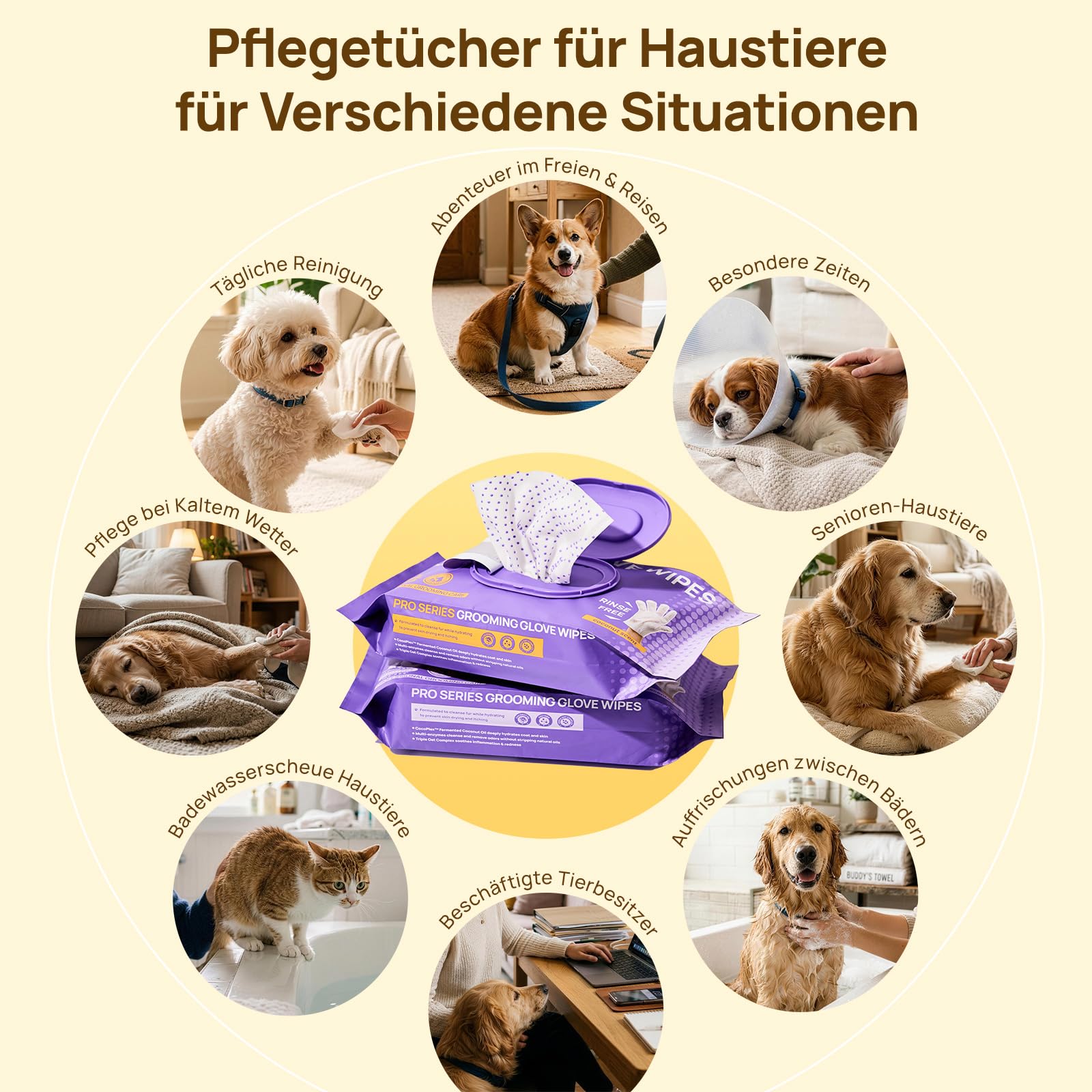 HICC PET Fellpflegetücher, PRO 4-in-1 für Welpen, Hunde & Katzen, Kokosduft 20 Stück | Reinigungshandschuhe ohne Wasser mit doppelseitiger Textur, ideal für Zuhause & unterwegs