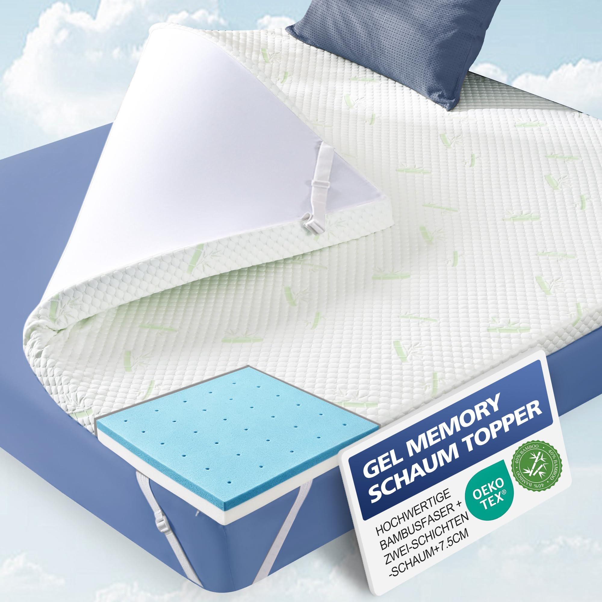 Waxberry Matratzen Topper 180x200cm (H3/H4) - 7,5cm Gel-Memory-Schaum mit 3D-Waben Bambusbezug, Atmungsaktiv & Waschbar Matratzentopper für Boxspringbett, Lattenrost & Schlafsofa