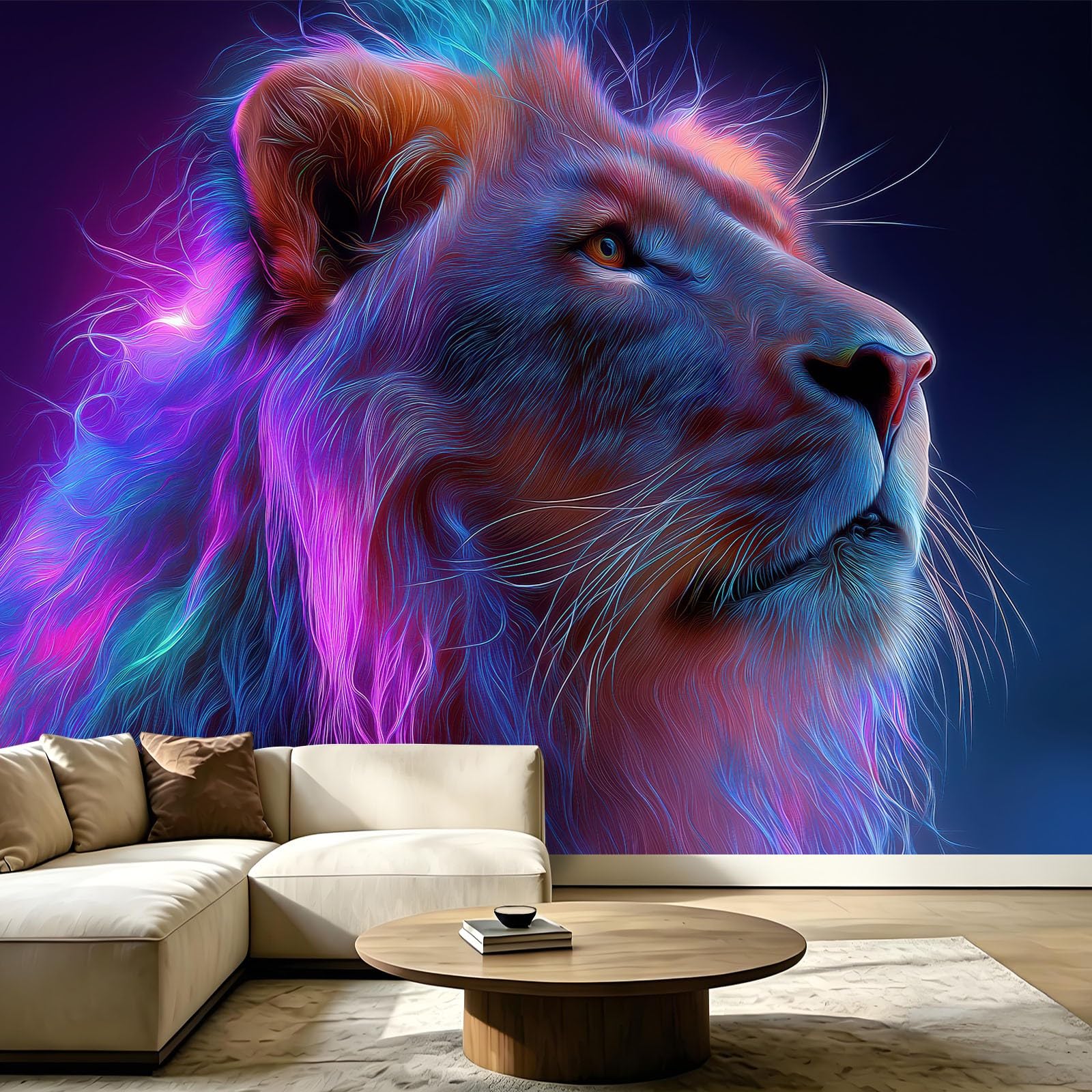 Générique Fantazyjna panoramiczna tapeta neonowa z efektem świetlnym 200 x 140 cm, tapeta z włókniny z motywem lwa, grzywa - fototapeta do salonu, sypialni i biura, dekoracja ścienna druk HD