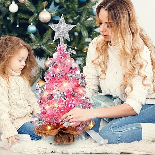 Miniatura 7 de Hiboom Mini árbol de Navidad de 20 pulgadas, árbol de Navidad artificial de mesa con cadena de luces LED, 42 piezas de adornos colgantes de Navidad,