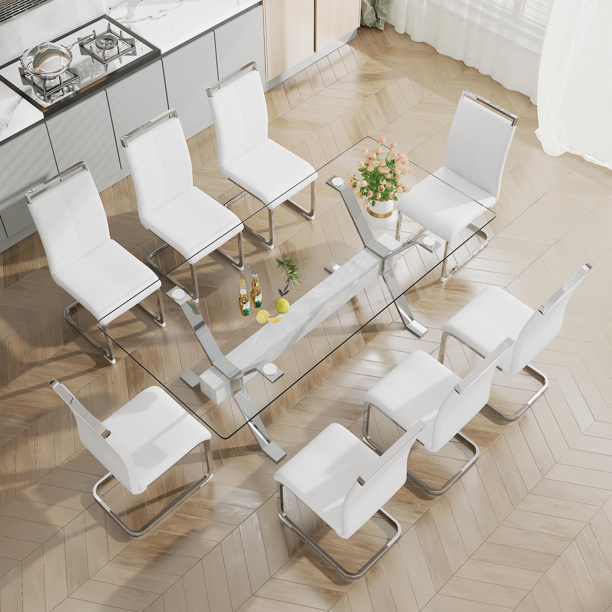 Pvillez Glass Dining Table Set for 6, 7 Piece Dining Room Table Set, 78" Modern Large Glass Kitchen&Dining Room Table with Silver Metal Legs and Grey MDF Crossbars & 6 White PU Leather Dining Chairs