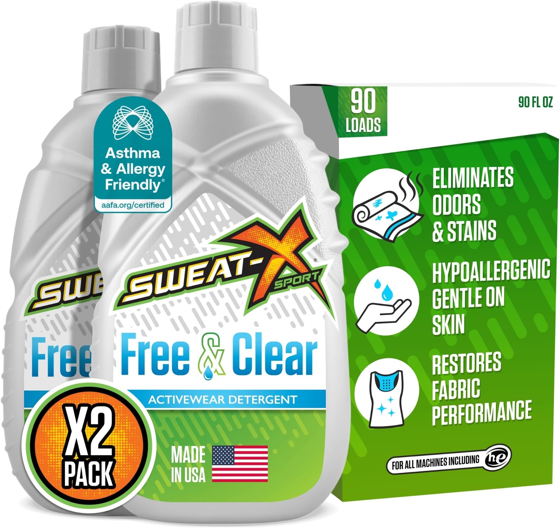 SWEAT X Free & Clear Laundry Detergent Liquid - Natural Non Toxic Laundry Detergent for Sensitive Skin - Gentle Washing Detergent for Activewear & Performance Fabrics - 45 Loads/Bottle, 2 Bottles