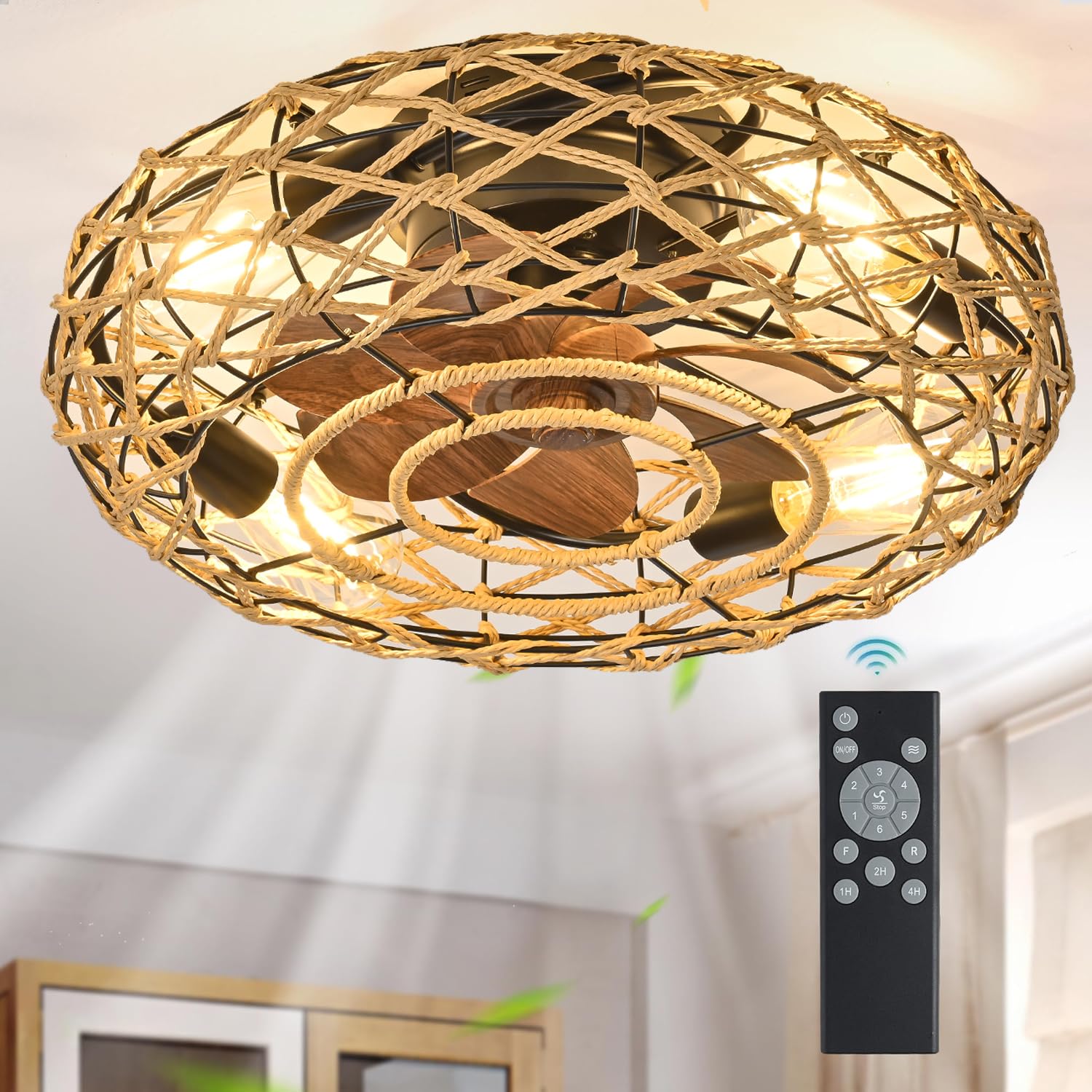 Dimmable Rattan Boho Ceiling Fan with Light Flush Mount, 20 Inch Caged Ceiling Fans with Light ...