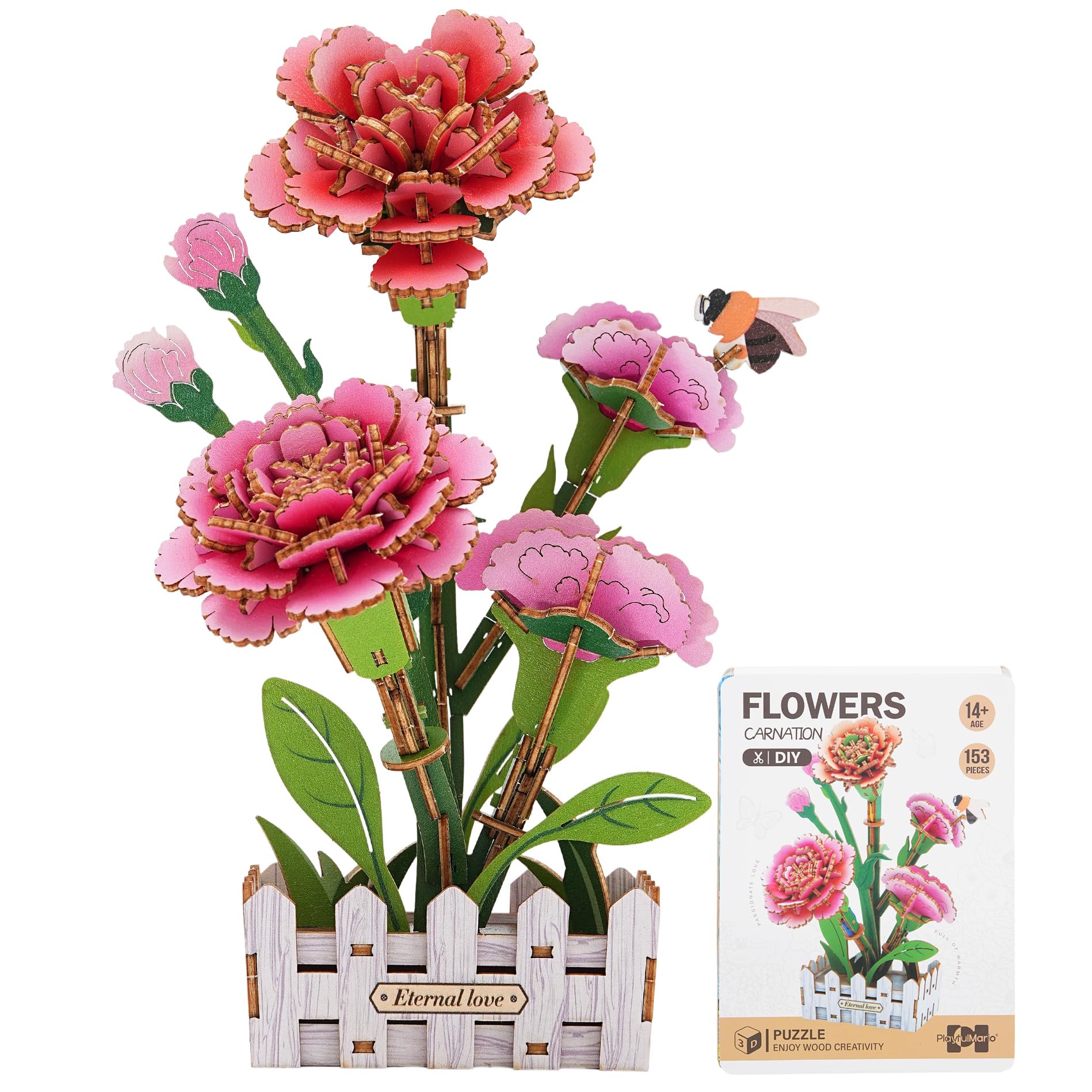 Set di Puzzle 3D, Fiore Fai-da-Te in Legno, Set di Modelli per Fiori Artificiali da Assemblare per Adulti, Miglior Set di Decorazioni per la Casa e Giocattolo Regalo per San Valentino (Garofano)