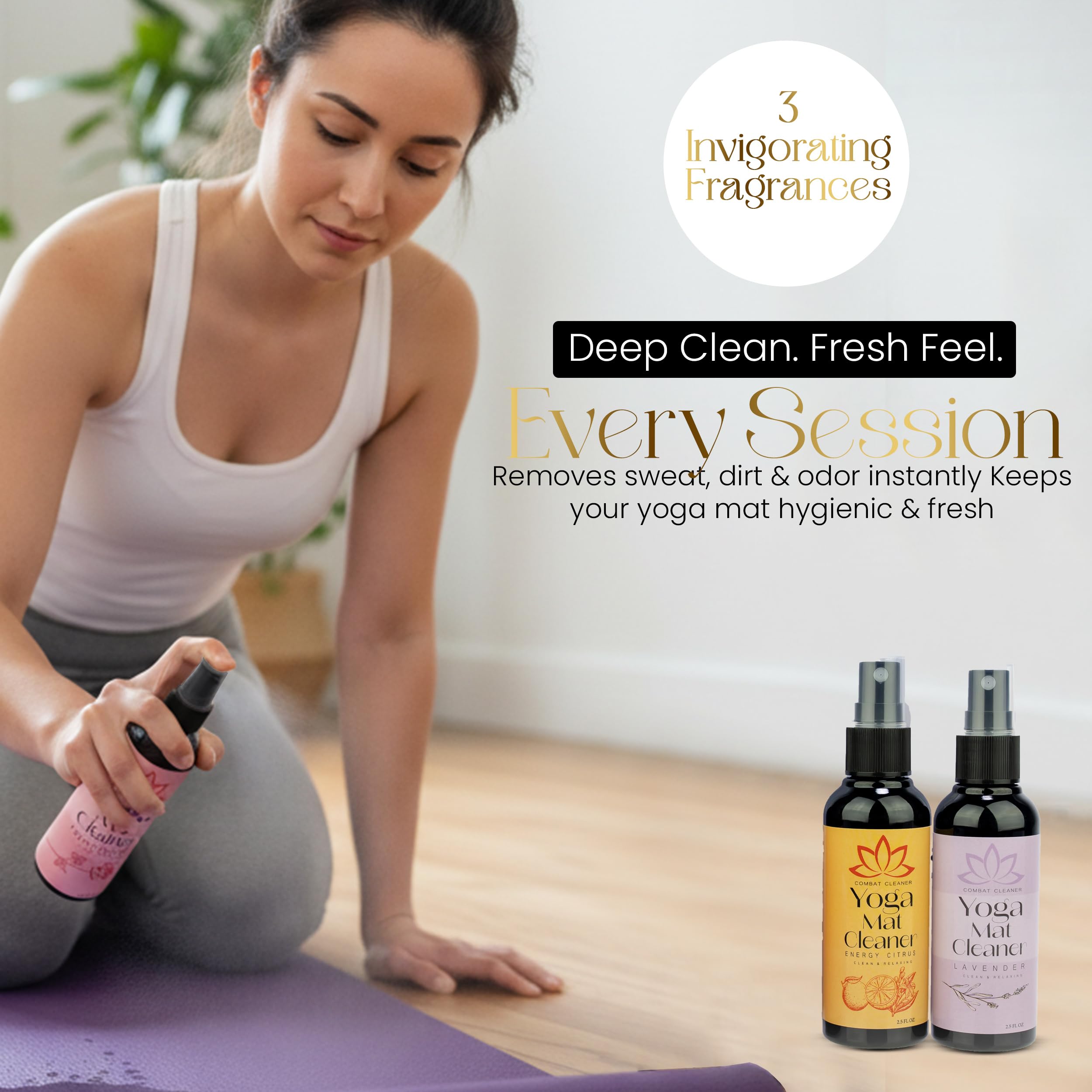 Combat Cleaner Kit de spray limpiador de esterilla de yoga (paquete de 3) incluye una toalla de microfibra, restaura y refresca las esterillas de yoga (lavanda, rosas frescas, cítricos energéticos)