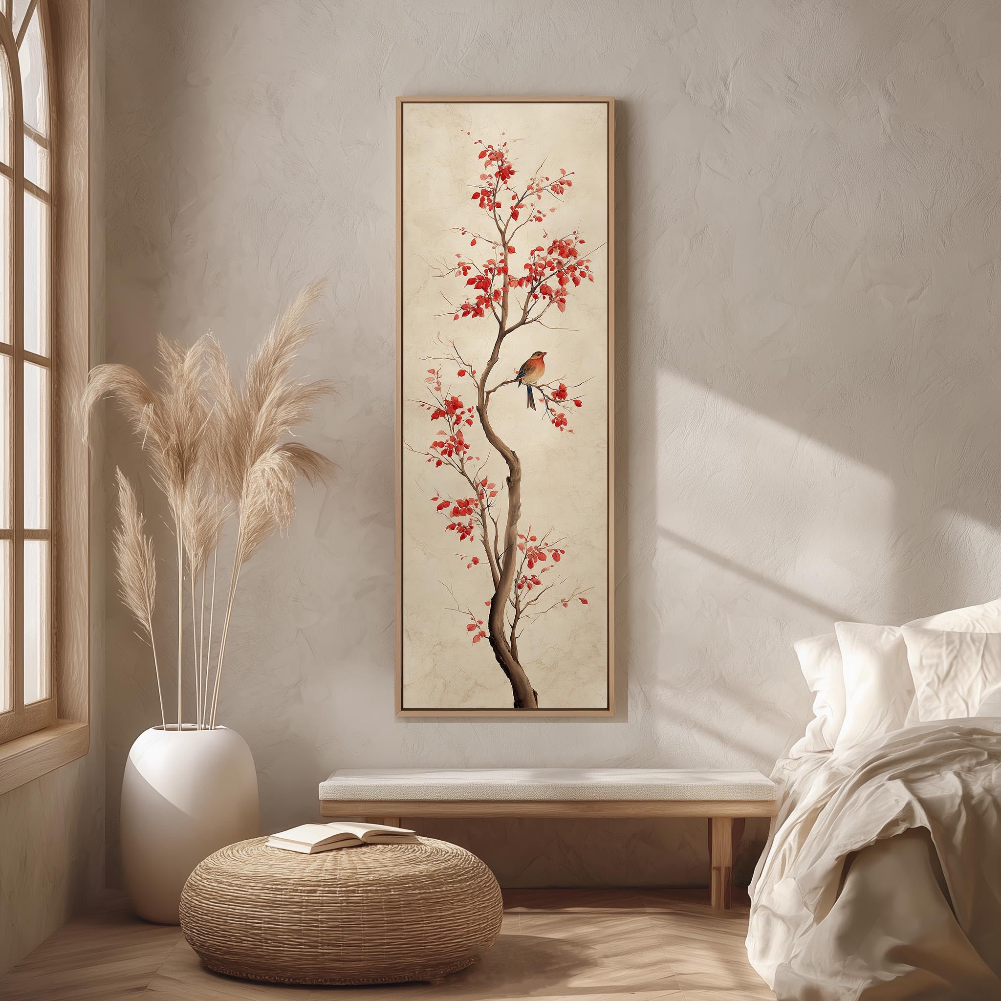 Xbtykpb Frameless Japanese Ink Wash Bird Art, Vertical Red Maple Branch Canvas Wall, Tall Narrow Decor, Traditional Sumi-E Prints, Picture(70X210cm/Frameless)