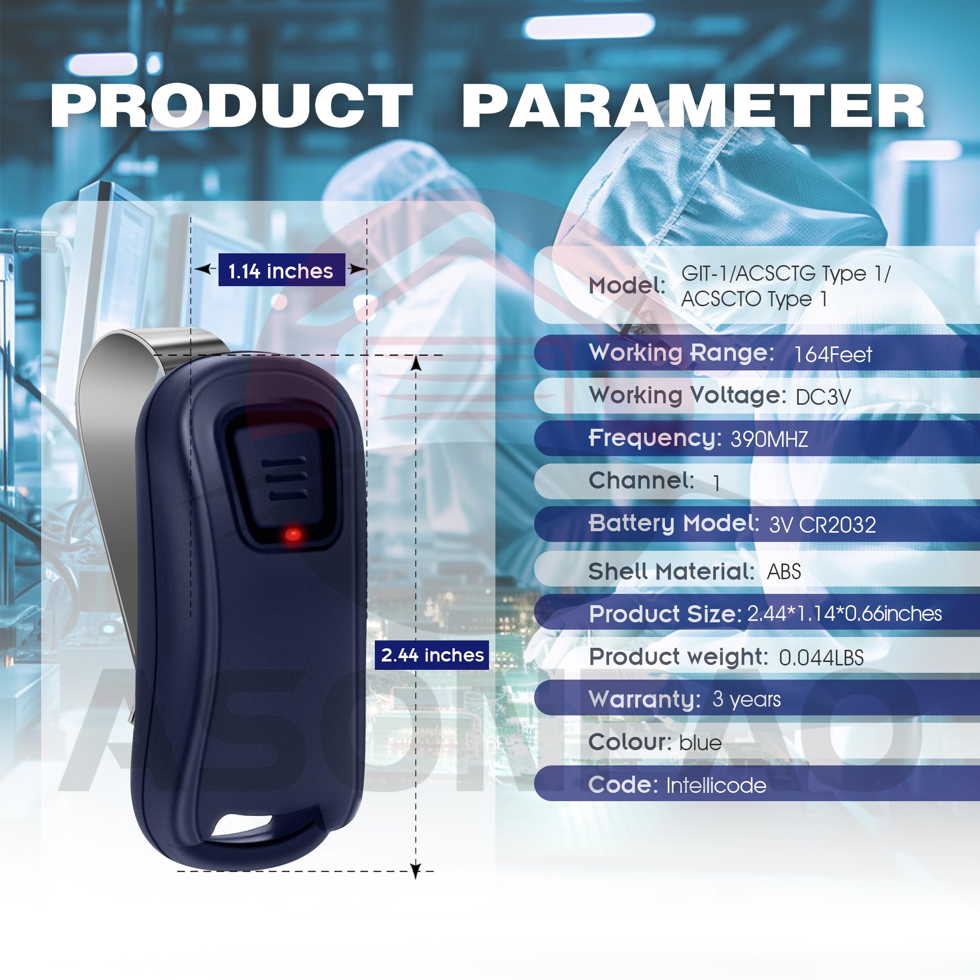 Replacement Remote For Genie Garage Door Opener - Intellicode ACSCTG Type 1 GIT-1 (Blue)