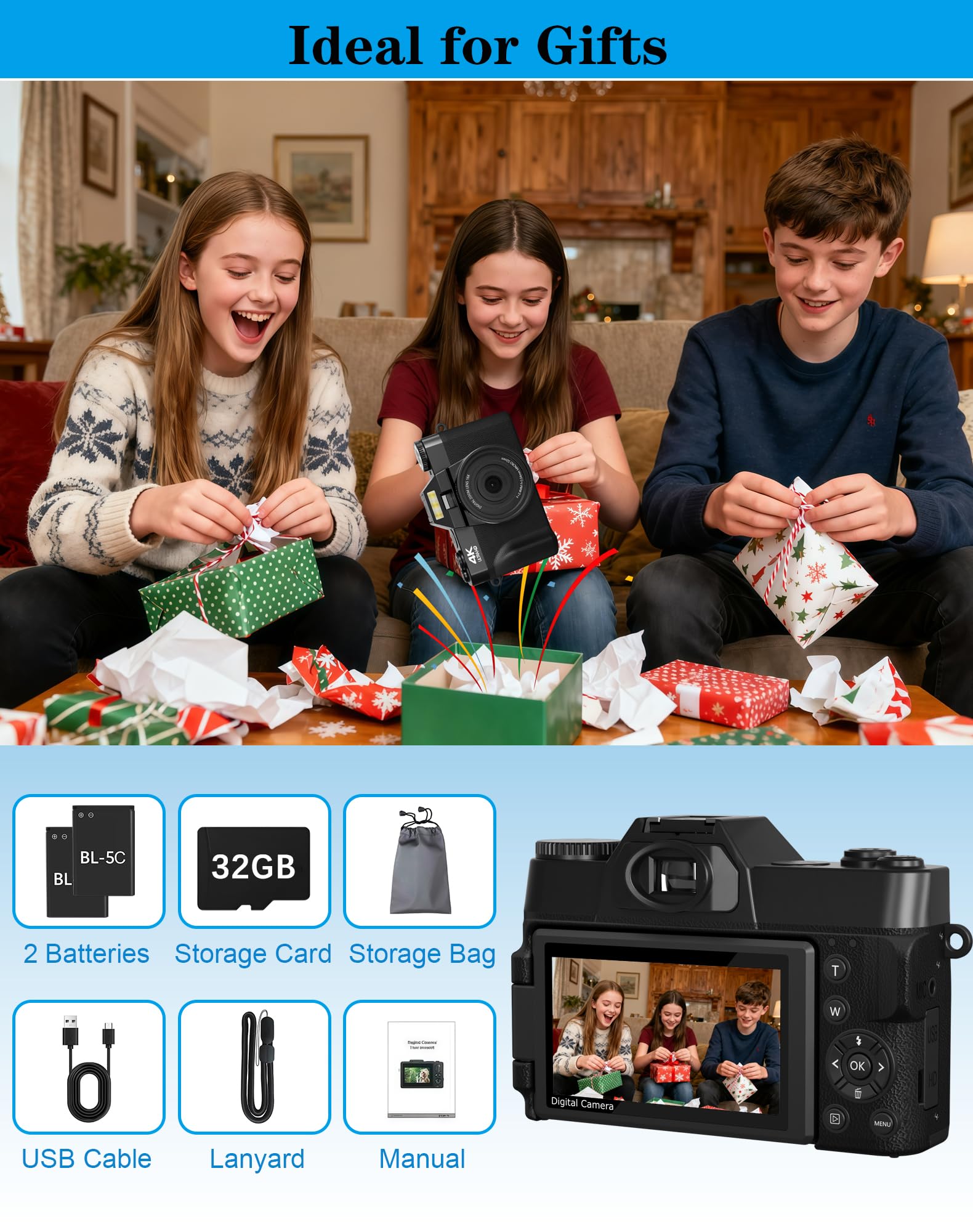 Cámara digital 4K, cámara de vlogging WiFi de 75 MP con pantalla abatible de 180°, enfoque automático, zoom de 18X, tarjeta de 32 GB, 2 baterías, cámaras digitales compactas de apuntar y disparar para