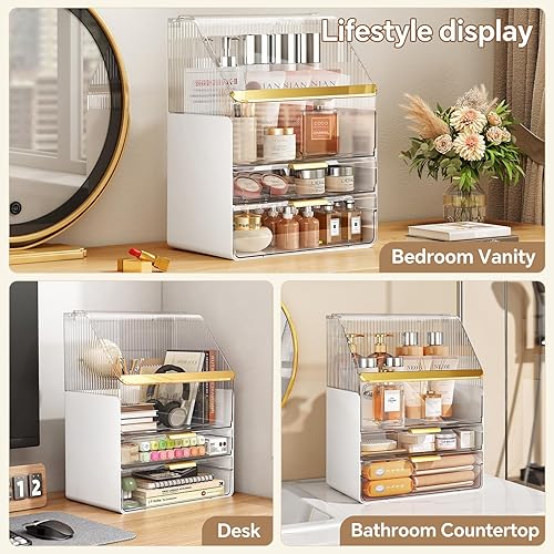 Miniatura 8 de Organizador de maquillaje, caja organizadora de tocador grande con tapa y 2 cajones con asa, versátil 3 niveles de almacenamiento transparente para