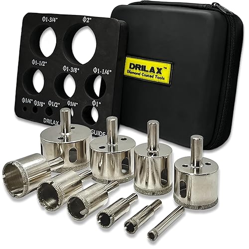Drilax Juego de brocas de diamante de 10 piezas (1/4 a 2 pulgadas) con guía de agua y estuche - vástago de 3/8 pulgadas se adapta a taladros