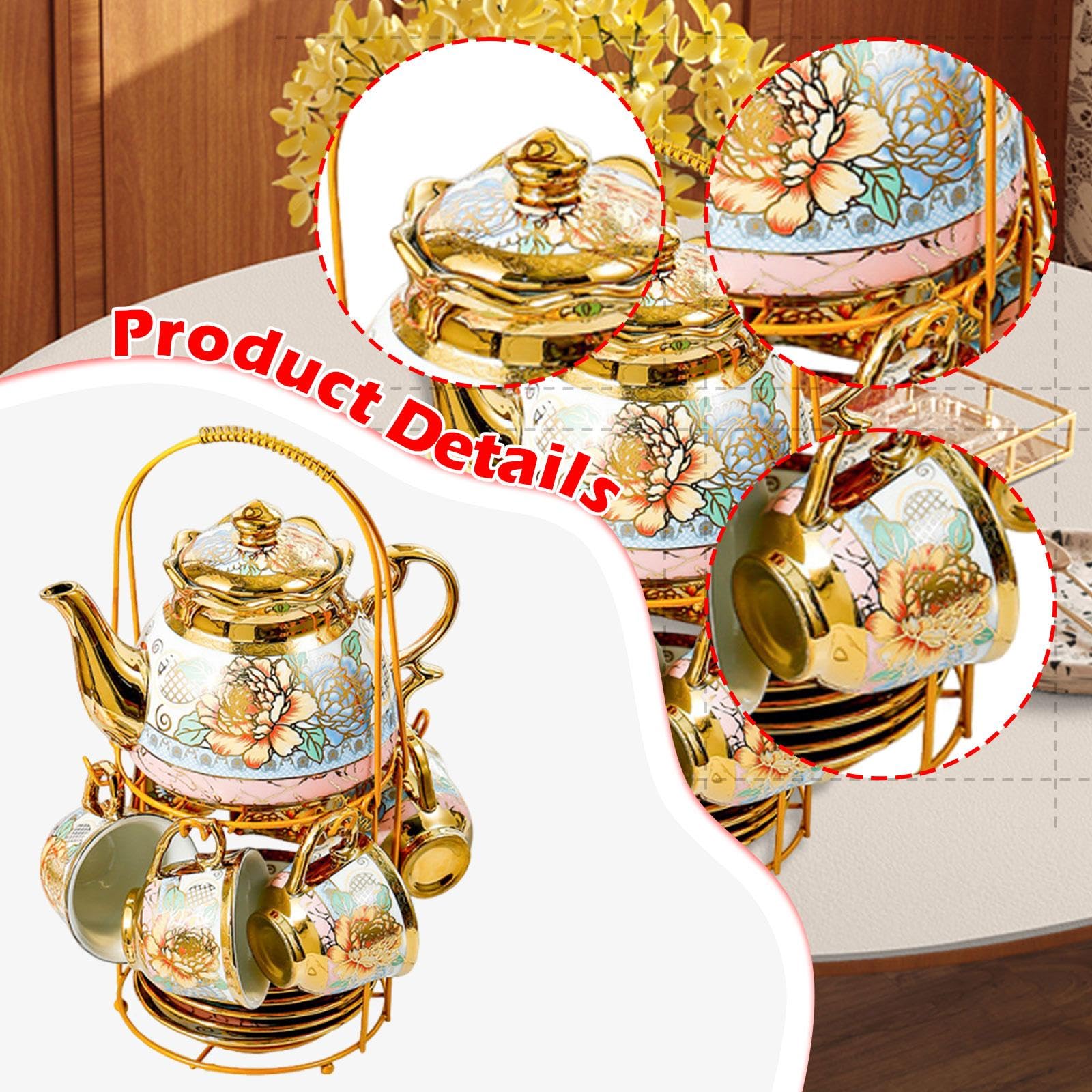 rockible Set da tè in ceramica con motivo floreale, regalo di compleanno, set di teiera, tazza e piattino, tazza da caffè in ceramica per qualsiasi occasione,