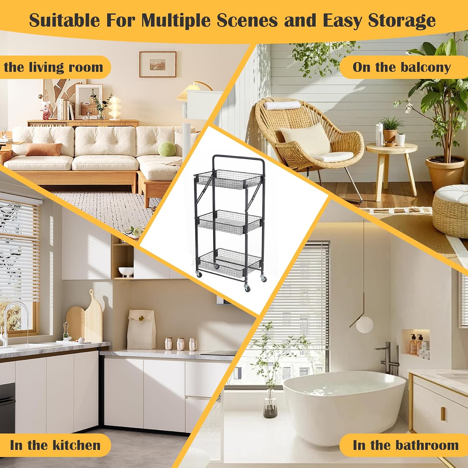 Folding Storage Rack 3-Tier Mesh Storage Shelf Portable Closet Shelving Unit with 360°Removable Wheels for Kitchen/Living Room/Bathroom/Laundry Room/Pantry/Garage/(Max Load Capacity 200 lb)