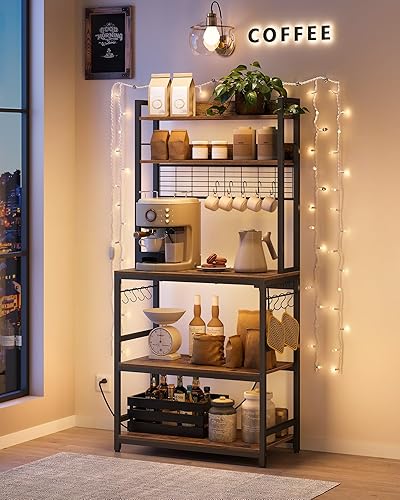 Miniatura 2 de VASAGLE Bakers Rack with Power Outlet, Microwave Stand, Kitchen Tall Utility Storage Shelf, with Metal Wire Panel, 14 Hooks, 15.7 x 31.5 x 66.9 café