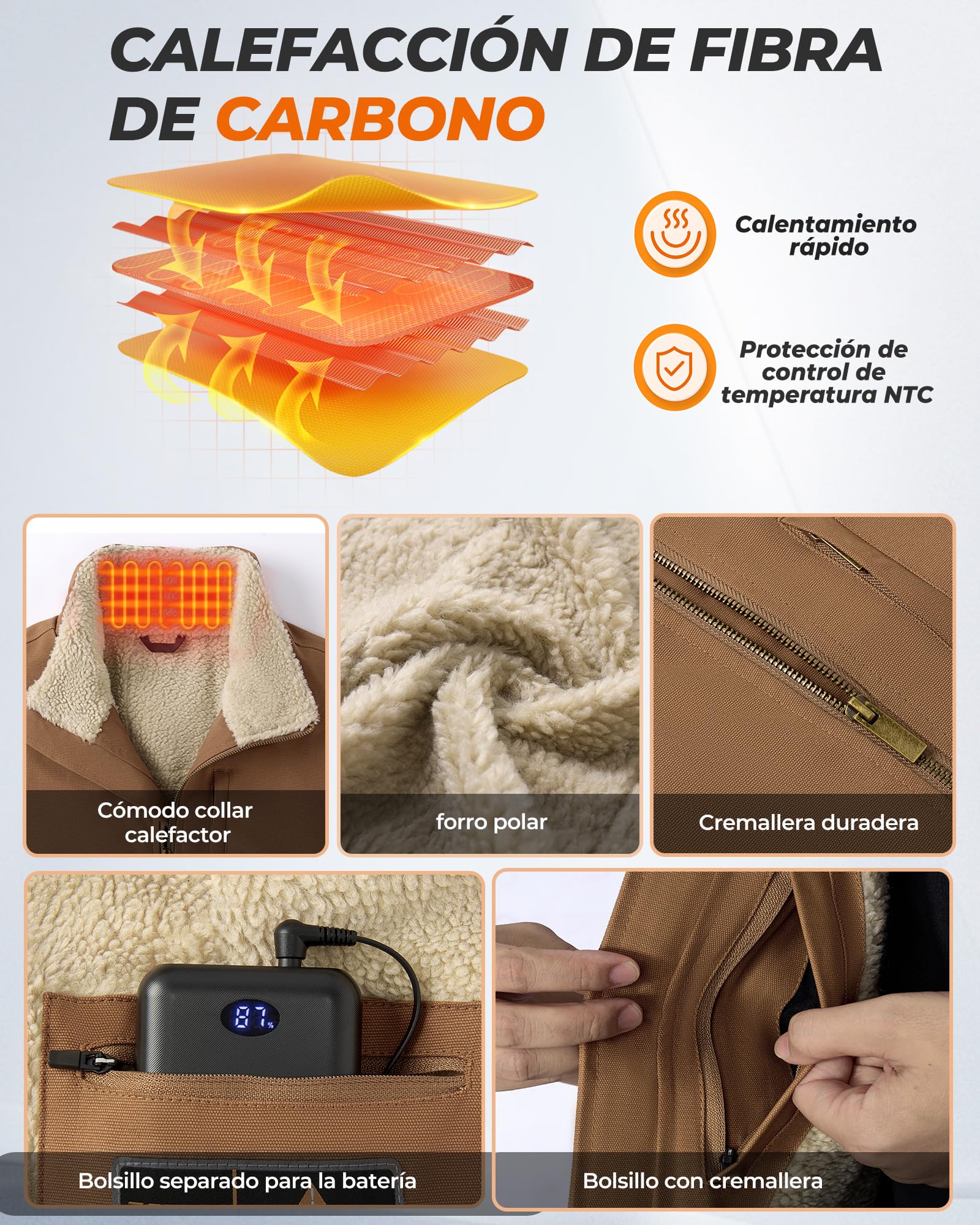 Chaleco Calefactable Hombre con Bateria de 16000mAh 7,4V- Chaleco de Lona Hombre con 9 Zonas de Calefacción y 3 Temperaturas Ajustables, chaleco termico de invierno con forro de Polar,Caqui,XL