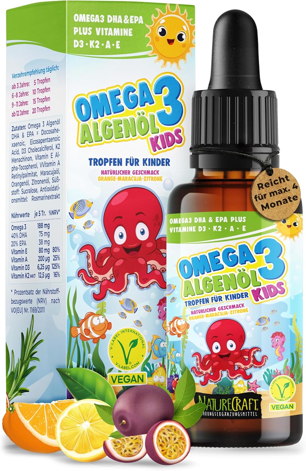 Omega-3 Kids algenolie PLUS druppels voor kinderen – 40% DHA & 20% EPA met vitamine D3 + K2 + A + E – natuurlijk zoete smaak met maracuja-, sinaasappel- en citroenolie – veganistisch (20 ml = tot 4