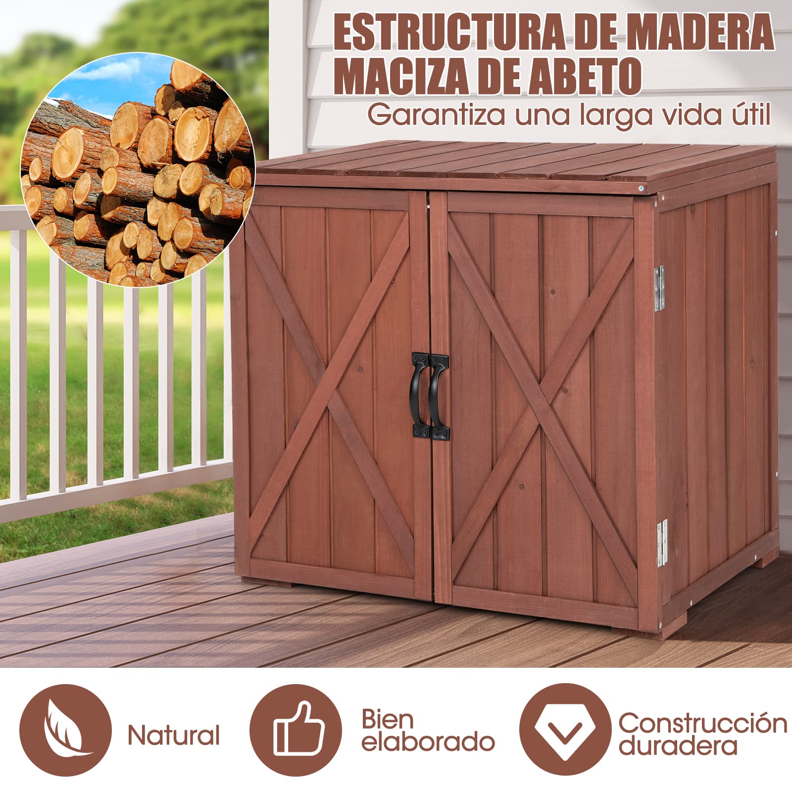 COSTWAY Armario de Almacenamiento de Madera de Abeto para Jardín, Organizador de Herramientas con 2 Puertas de Succión Magnéticas, Cobertizo con Amplio Espacio de Almacenamiento para Patio, Jardín