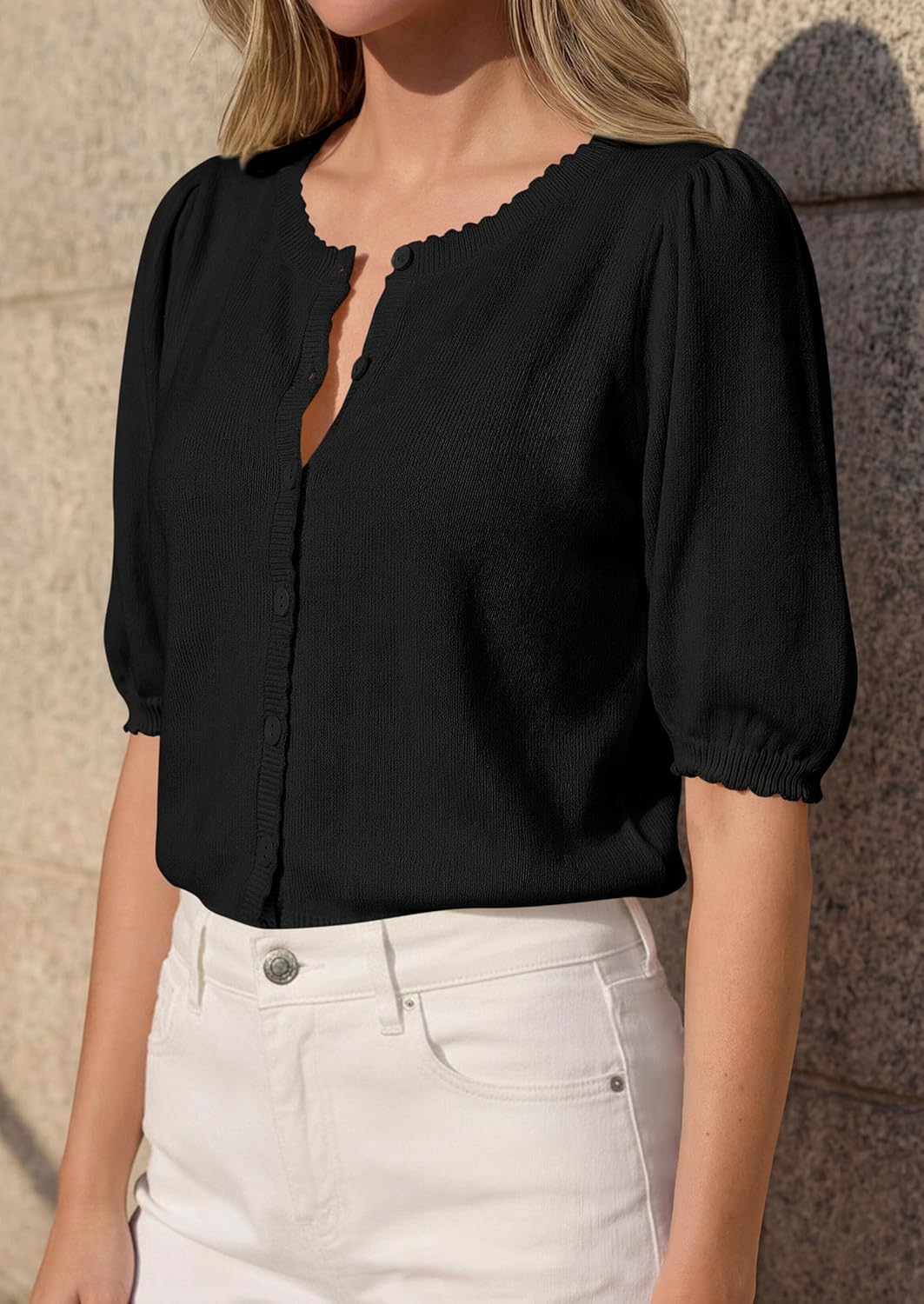 PRETTYGARDEN Puff Short Sleeve Cardigans for Women Lightweight 2026 Summer Shirts Button Up Knit Sweater Tops Spring Clothes - Image 4