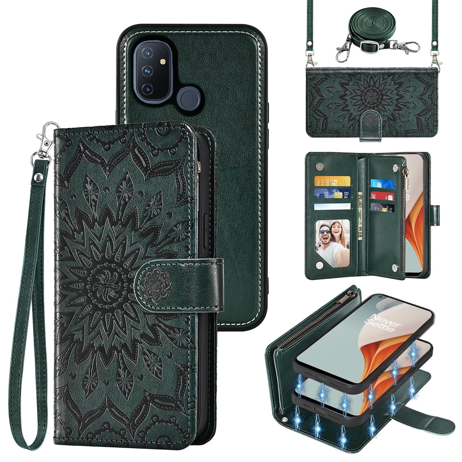 Phone Case for OnePlus Nord N100 Zipper Wallet Magnetic Detachable Cell Cover with Screen Protector Crossbody Lanyard Strap Flip Card Holder Slot One Plus N 100 4G 1 Plus 1plus One+ 1+ 100N Dark Green