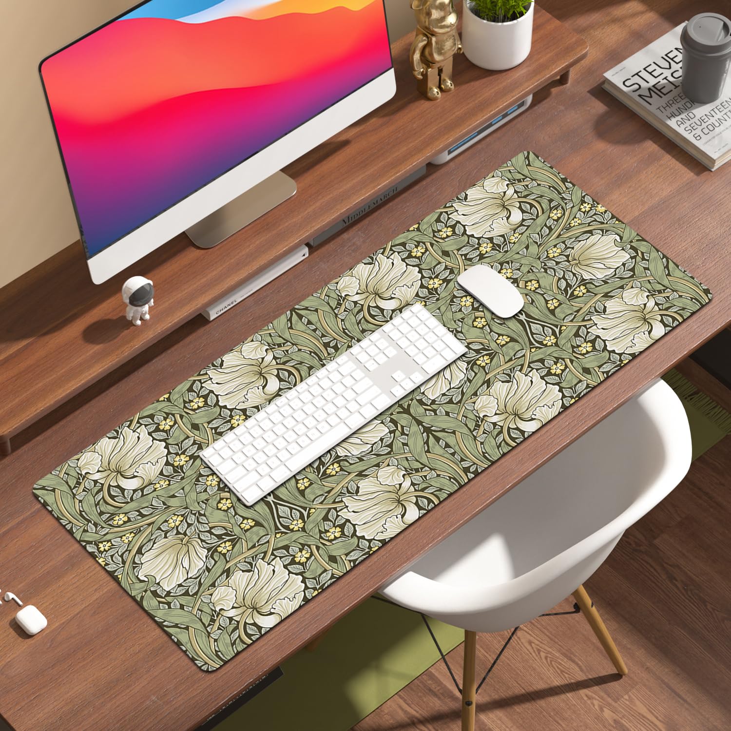 William Morris Mauspad mit Blumenmuster, Vintage-Blumenmuster, XL-Gaming-Mauspad, 80 x 40 cm, Schreibtischunterlage für den Schreibtisch mit rutschfester Gummiunterseite, salbeigrün / gelb