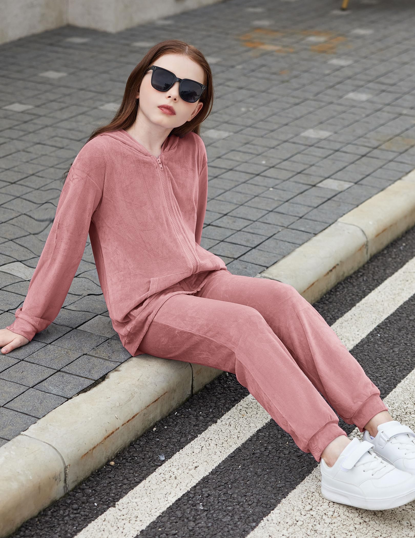 Zaclotre - Conjunto deportivo de terciopelo para niñas, 2 piezas, sudadera con capucha y pantalón deportivo con cremallera
