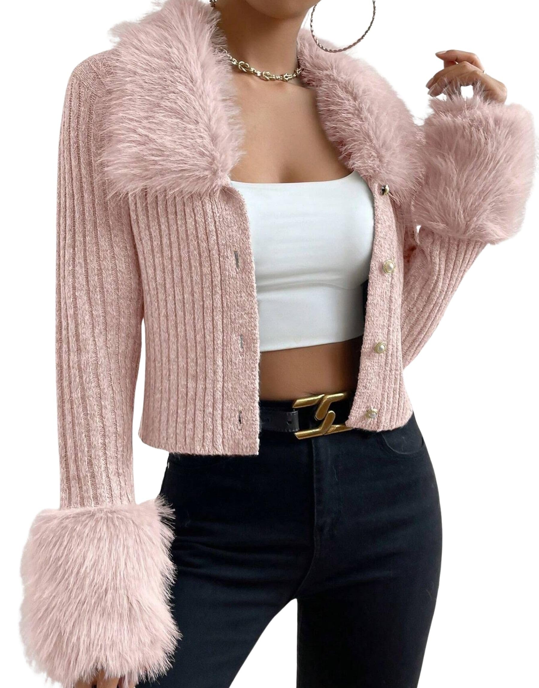 BAIMORE Womens Fashion Comfort Plush V-Neck Slim Fit Faux Fur Collar Knit Cardigan Sweater for Going Out