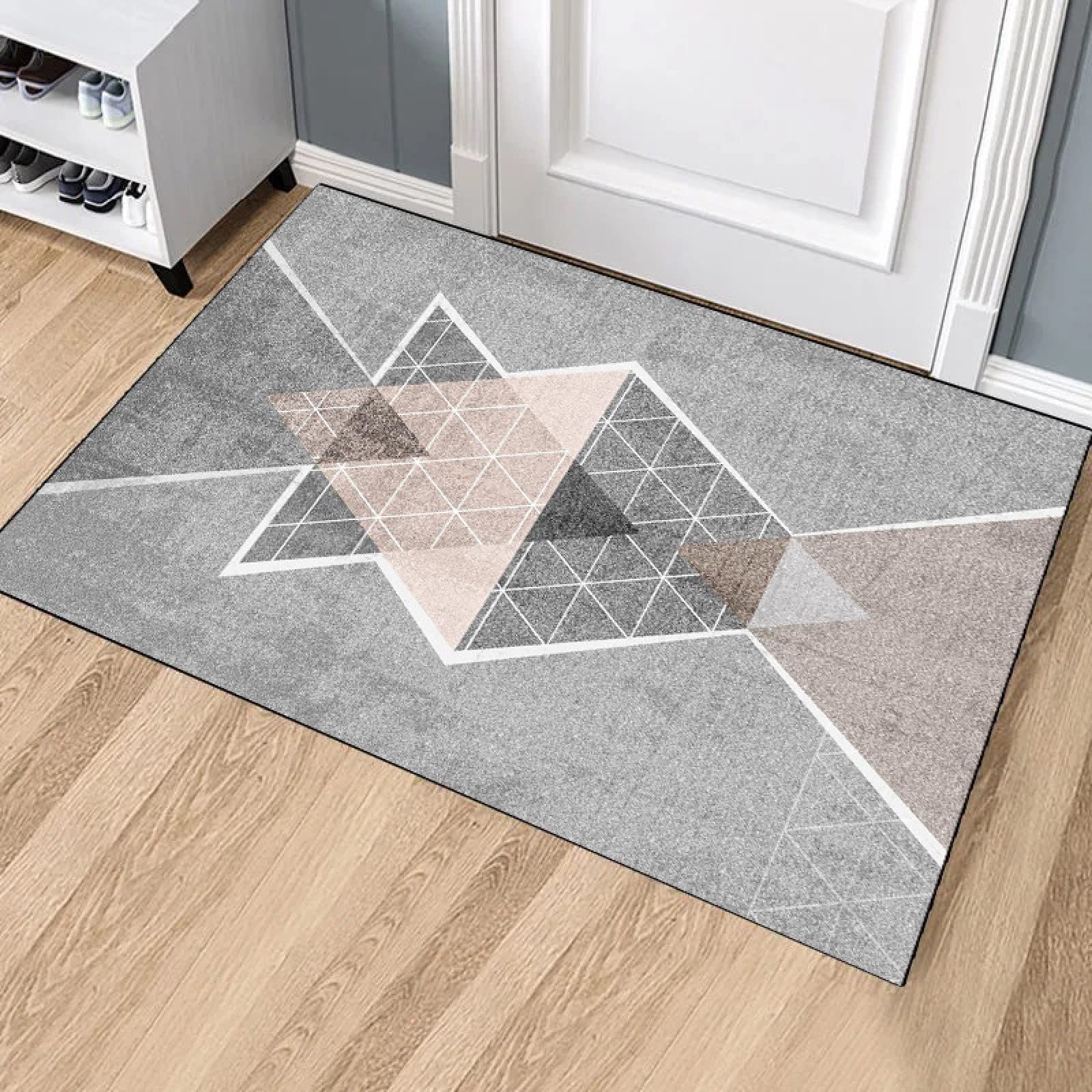 Tapis d'entrée géométrie rose gris 80x120cm pour couloir et salon