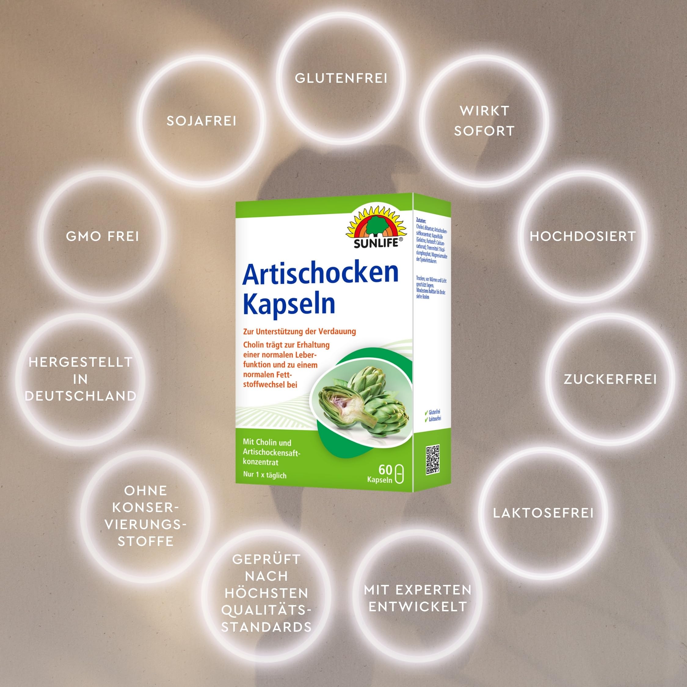 SUNLIFE Artischocken Kapseln hochdosiert I 1 x 60 Stück I Cholin mit Artischockensaftkonzentrat I Bitterstoffe für Verdauung & normale Leberfunktion I glutenfrei laktosefrei sojafrei