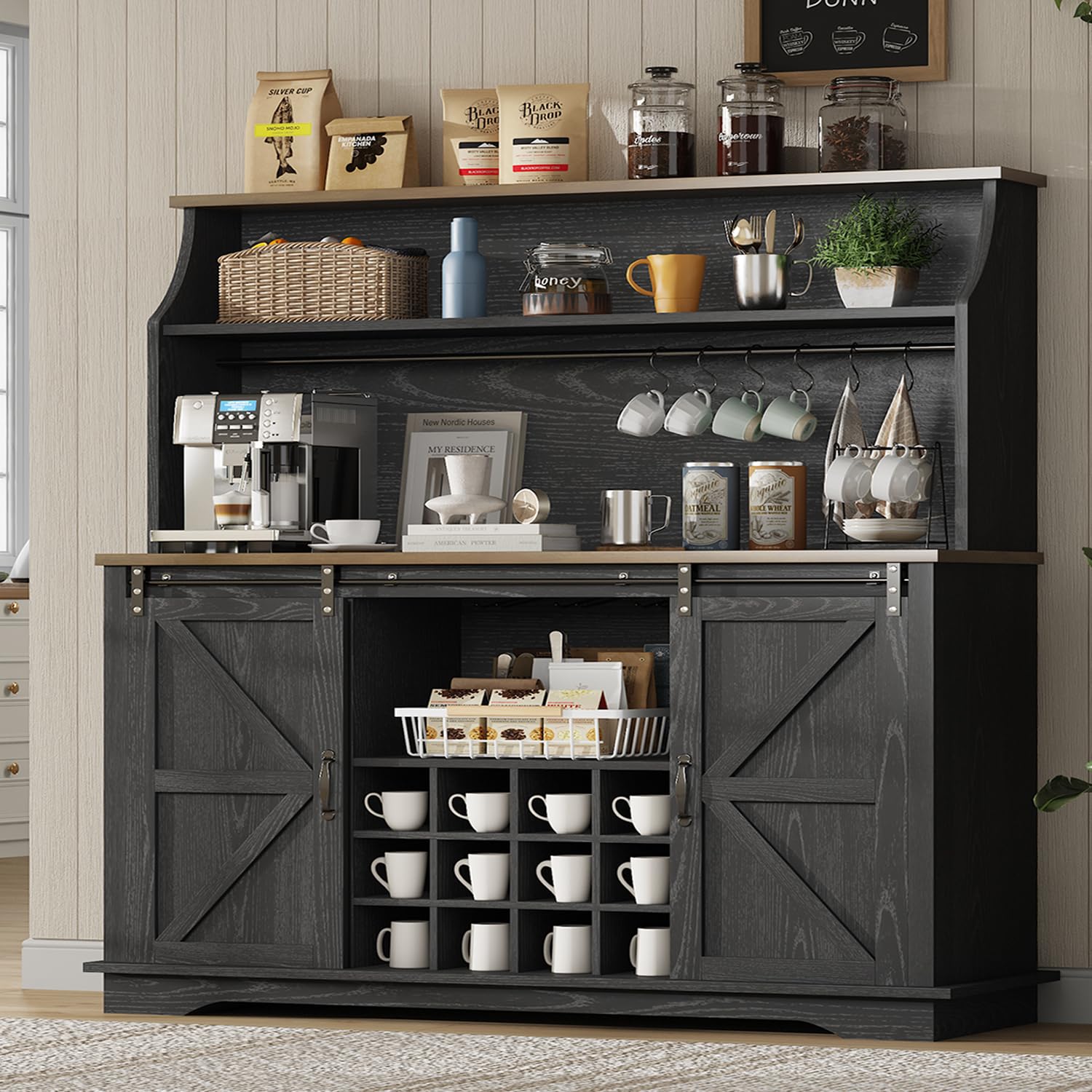 55 Inch Farmhouse Coffee Bar Cabinet with 3-Tier Enclosed Storage Cabinet, Kitchen Hutch with 12 Wine Racks & 3 Glass Holders, Coffee Bar with 6 Hooks