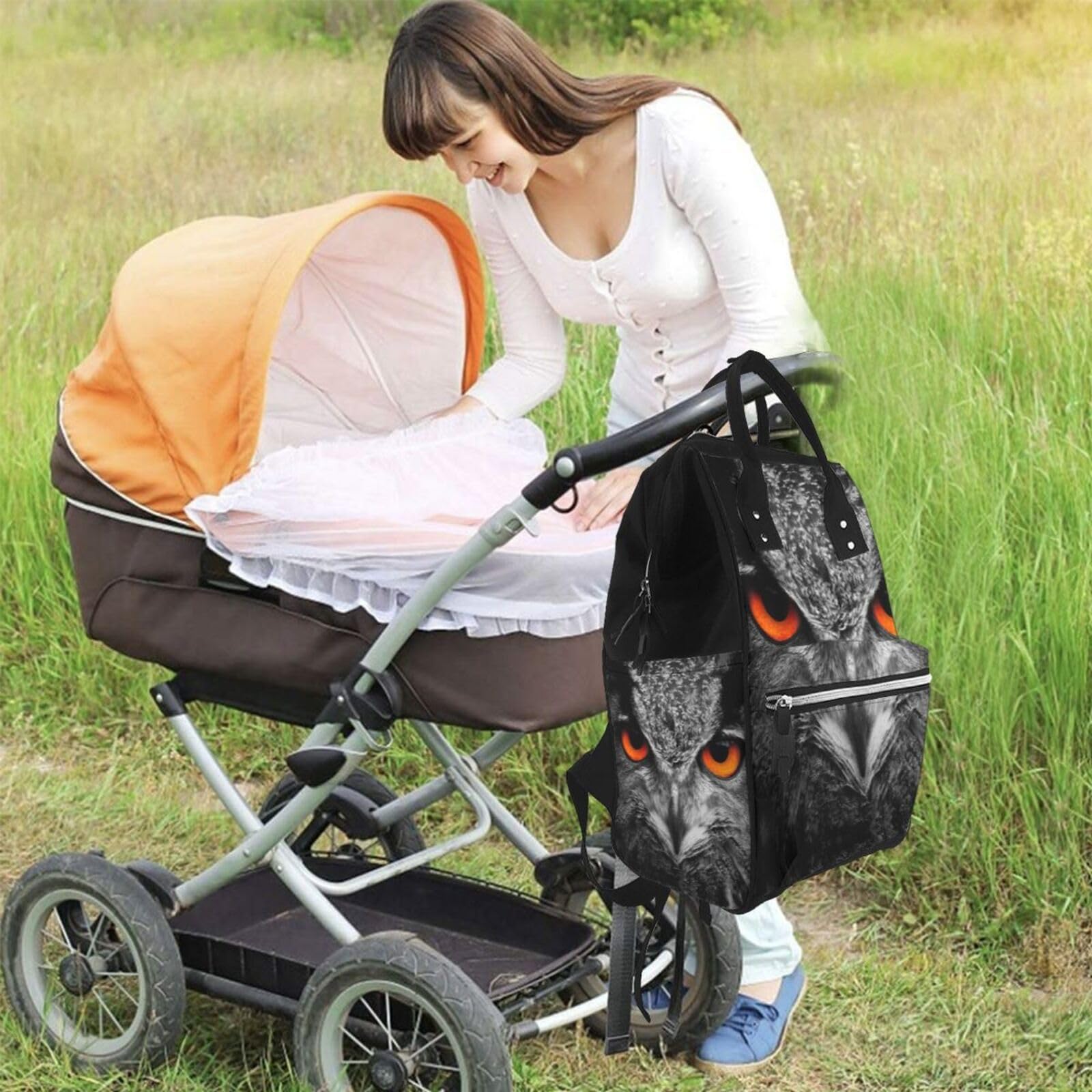 OUSIKA Bolsa de pañales multifunción con estampado de ojos de búho, mochila grande de viaje, bolsa de pañales para mamá papá, color negro, talla única, Negro, talla única