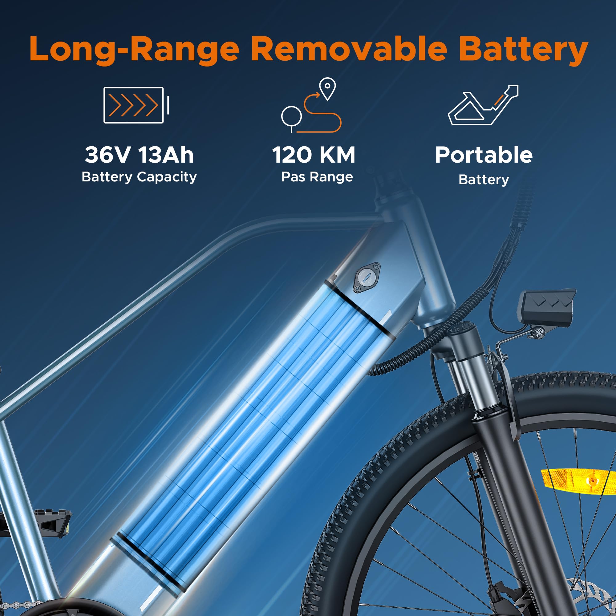 HillMiles MileTrail1 26” Bici Elettrica Per Adulti, Autonomia 100KM, 36V 13AH Batteria Rimovibile, 25KM/H Velocità, Montagna E-Bike (Standard, Blu)