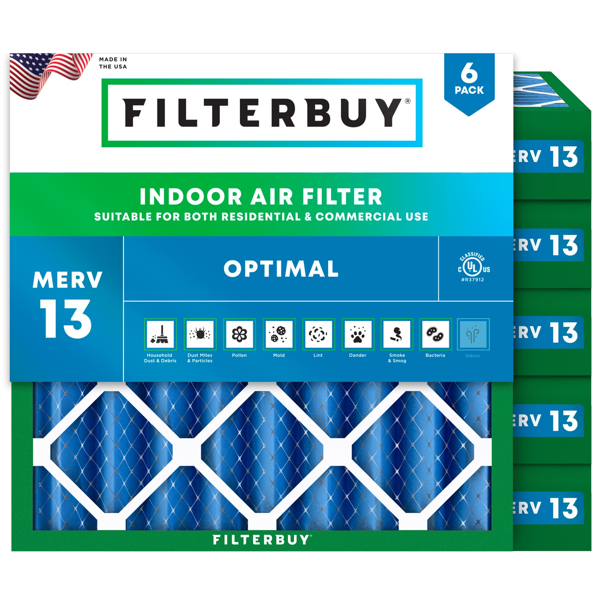 Filterbuy 25x25x4 Air Filter MERV 13 Smoke &amp; Allergy Defense (6-Pack)