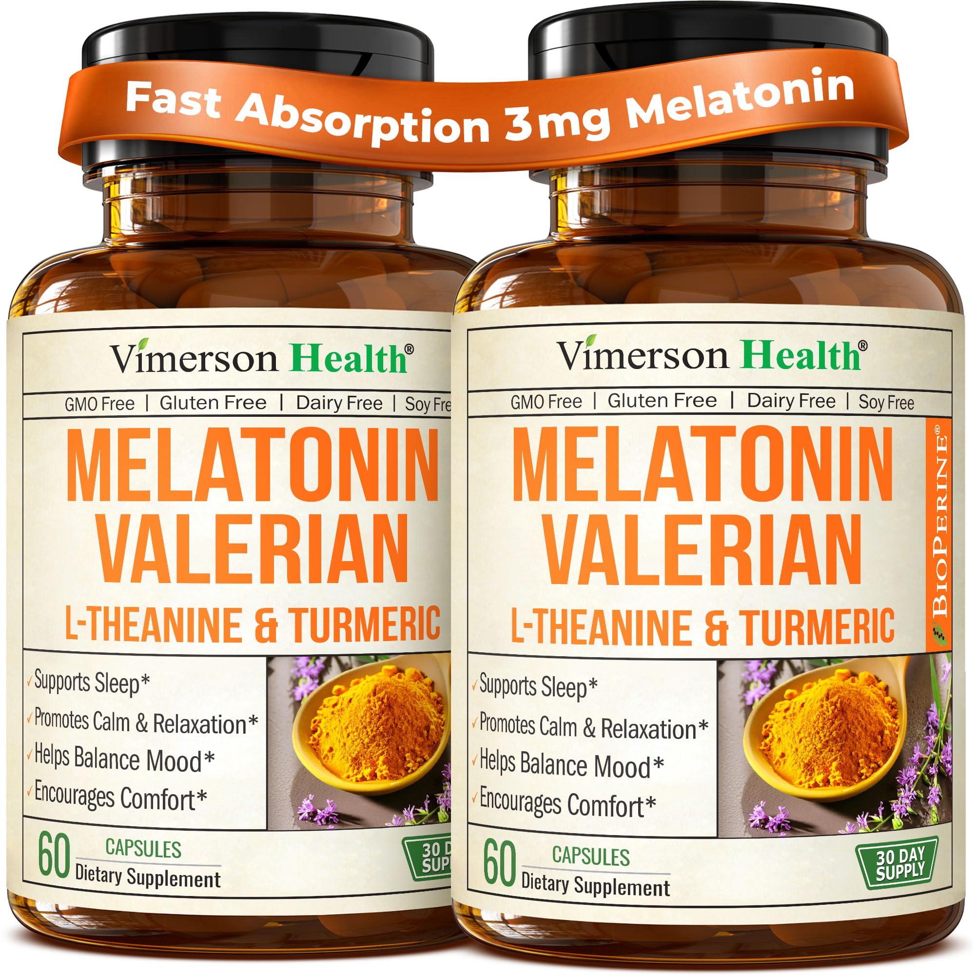 Melatonin 3mg Sleep Aid with L-Theanine & Valerian Root – Turmeric Curcumin Supplement with Ginger & Black Pepper – Organic Turmeric Supplement for