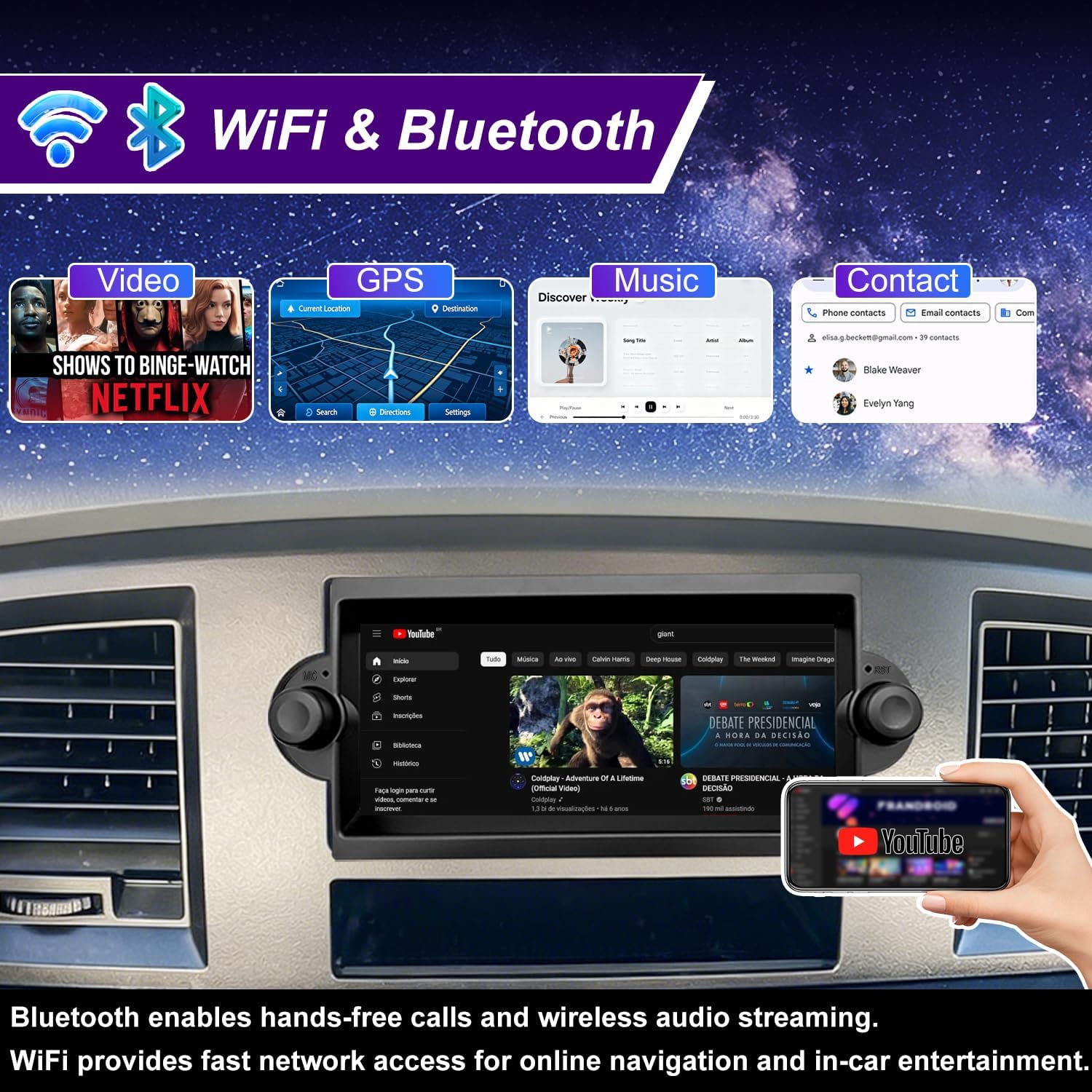 5GWiFi Radio for Dodge Ram 1500/2500/3500 2006-2008, Jeep Grand Cherokee 2005-2007, Compass Patriot 2007-2008, Dodge Durango Charger 6.86inch Touch Screen Stereo Wireless Carplay Android Auto GPS FM