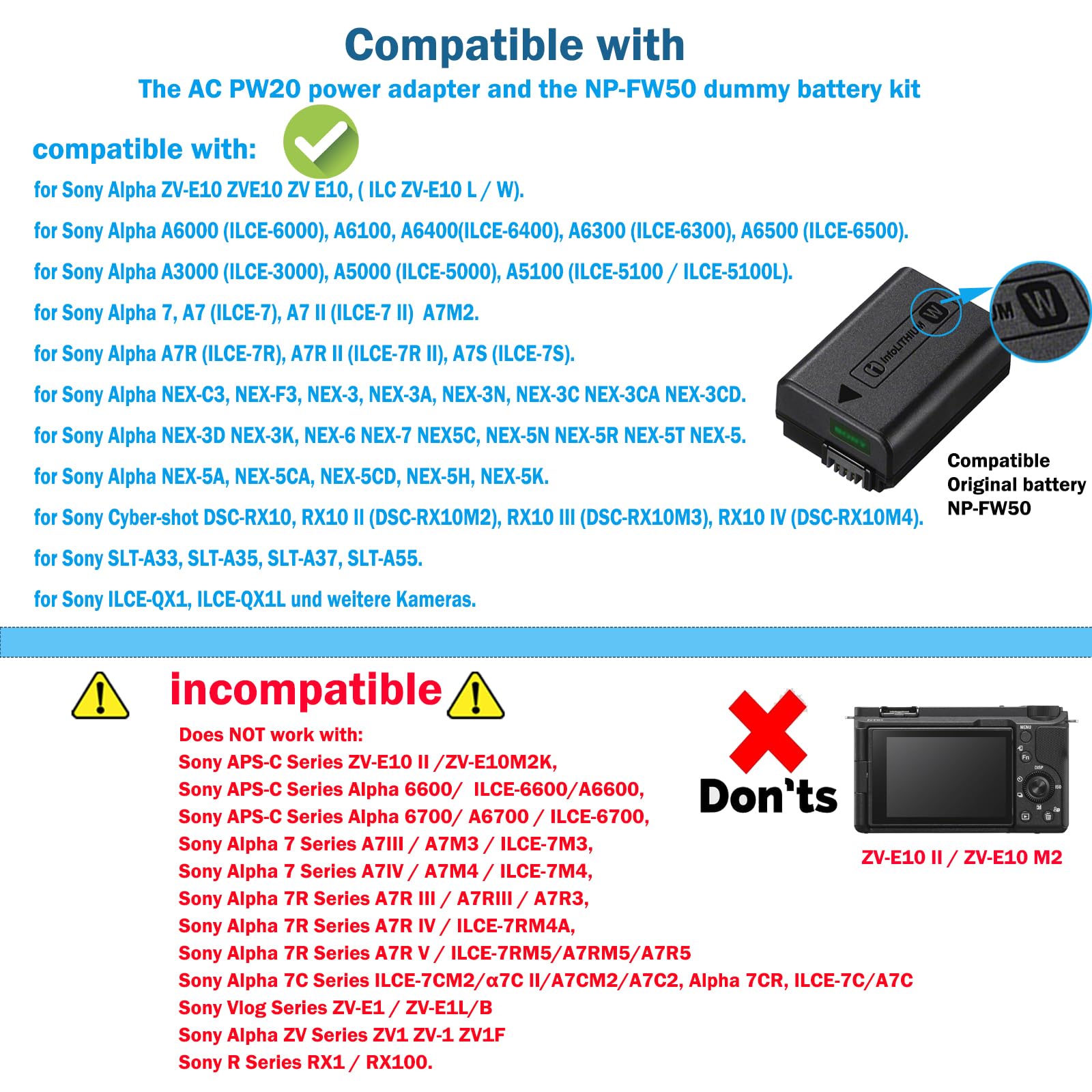 NP-FW50 Batterie factice, AC-PW20 Bloc d'alimentation, pour Appareil Photo Numérique Sony Alpha A6400 A6000 ZVE10 ZV-E10 A6100 A6500 A6300 A7 A7II Appareil Photo.