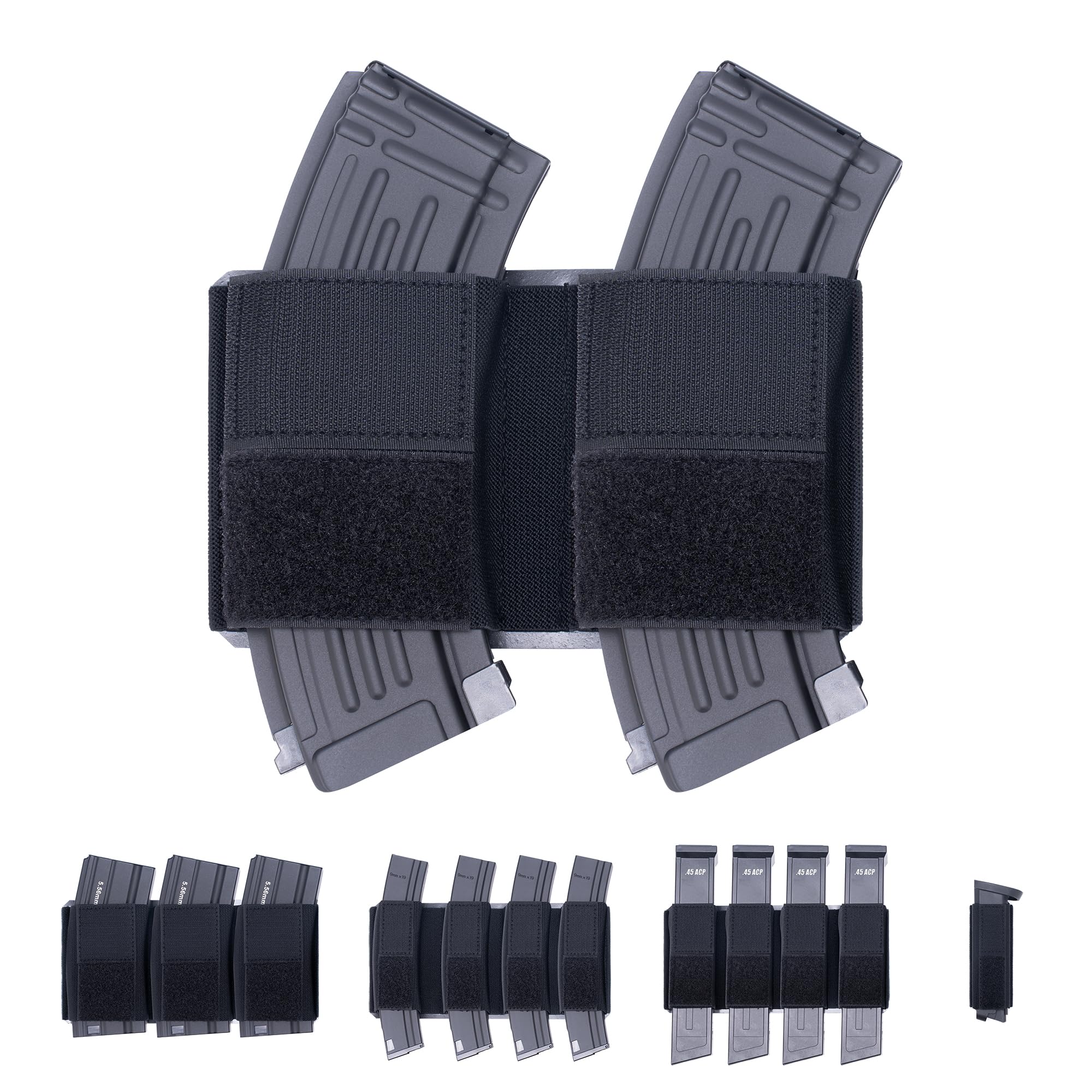 Magazine Holder Insert Pouch Elastic Holster for 5.56/5.45/7.62/9mm/.45 SMG Mag with Hook & Loop Fastener for Tactical Chest Rig Range Bag Gun Safe Door Organizer