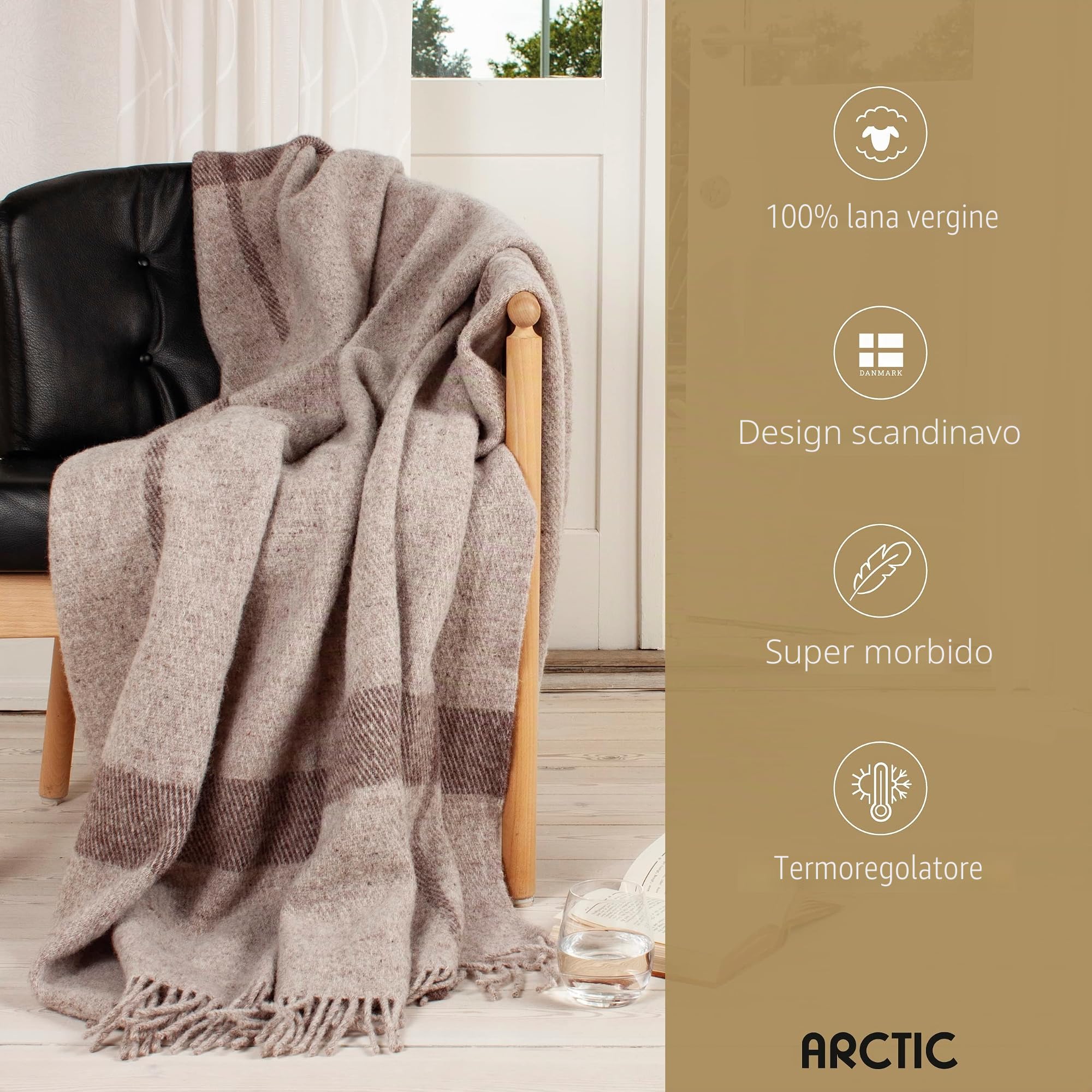 Arctic Toke - Coperta in lana, plaid, design stile scandinavo, 100% lana vergine con sigillo Woolmark, 130 x 200 cm, colore beige
