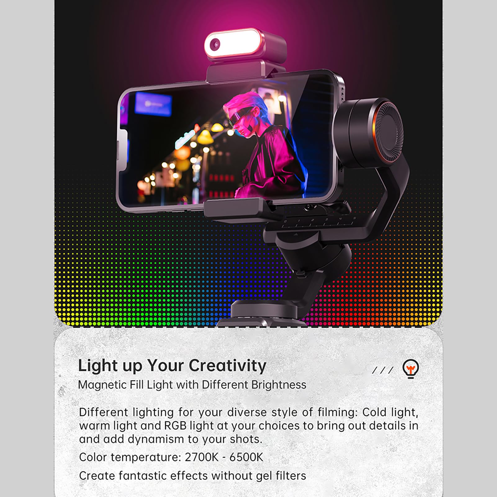 Stabilizzatore Gimbal con migliorata stabilizzazione dell'immagine a 3 assi, sensore di visione AI, rotazione di 360°, carico di 400 g e funzione di ricarica integrata per il tuo smartphone