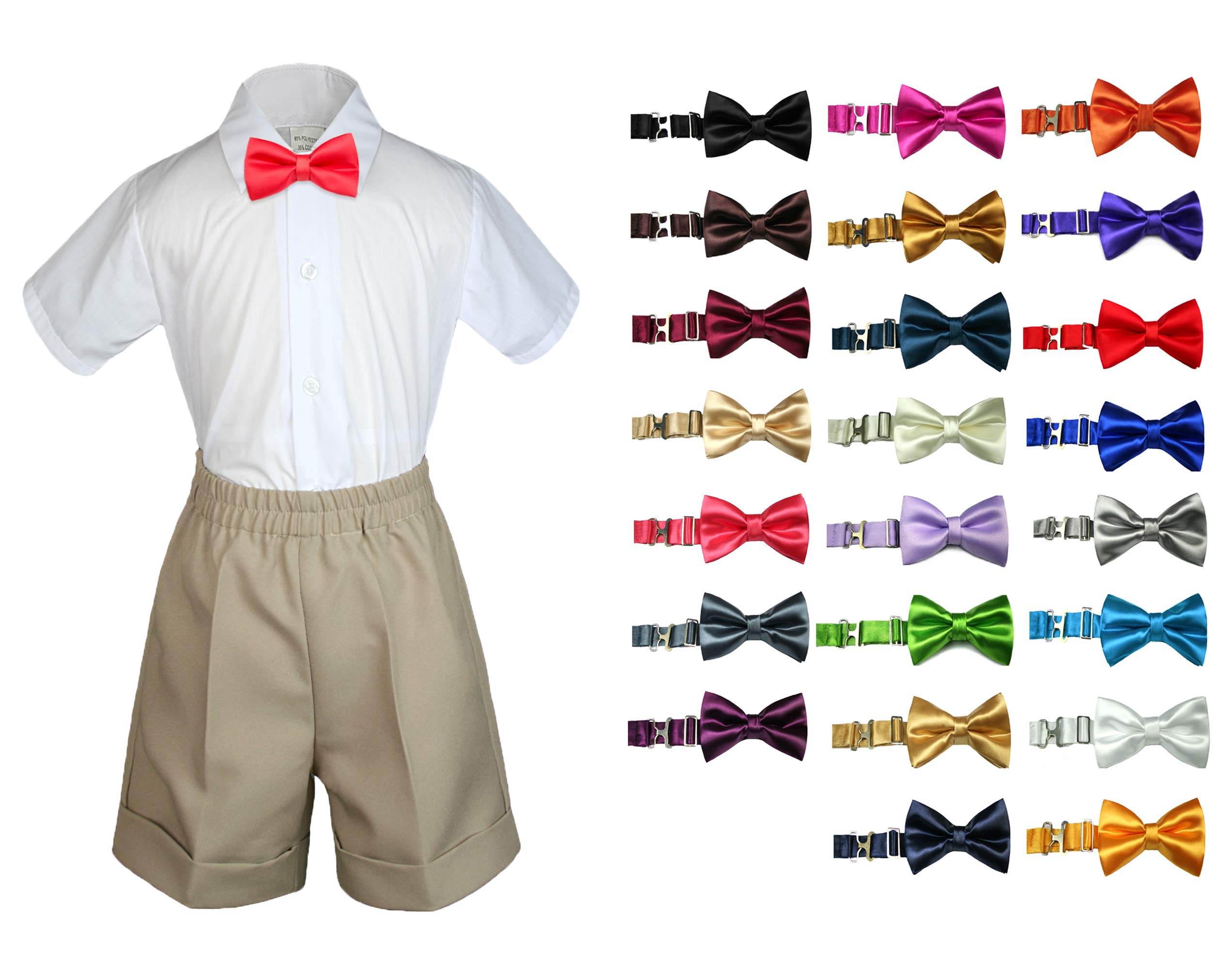 MILLTEX 3 Pieces Set Formal Party Wedding Color Satin Bow tie Shirt Khaki Shorts Set New Born Baby Boy Toddler Sm-4T (L (12-18 Months), Brown)