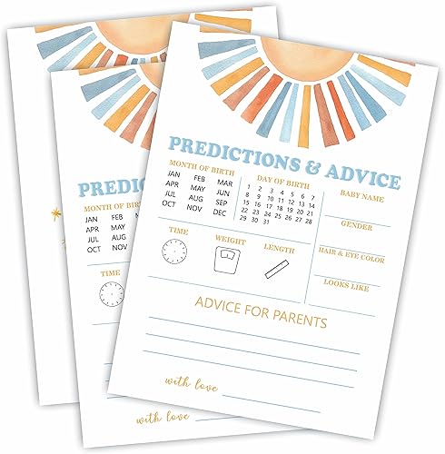 Retro Sunshine Predictions & Advice - Kit de juego para baby shower, Here Comes The Sun, 30 tarjetas de juego de relleno de doble cara para baby