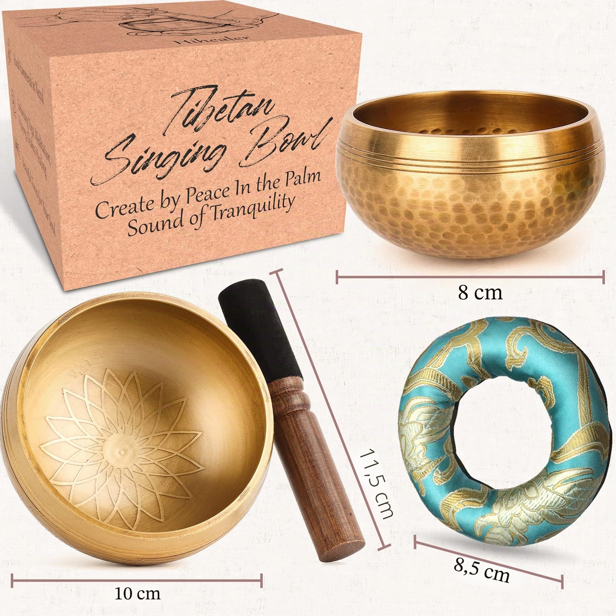 OZCHIN Set di 2 campane tibetane 100% martellate a mano in Nepal, con cuscino di seta e mazzuola, per meditazione, yoga, chakra, regali per donne e uomini