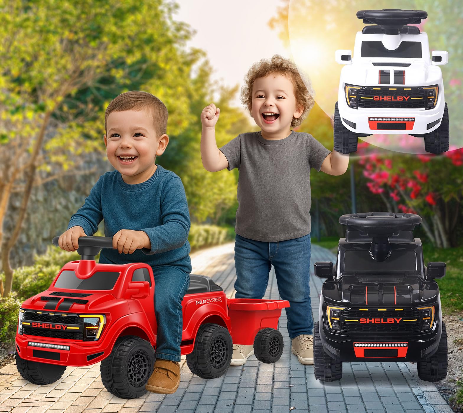 JAMARA 464068 Shelby Ford F-150 Raptor z przyczepą, samochód dla dzieci od 12 miesięcy, samochód dla dzieci od 12 miesięcy, zabawka zjeżdżalnia, pomysł na prezent dla dzieci, klakson, ochrona przed