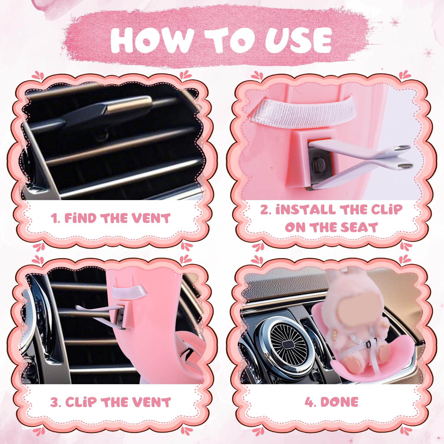 BOXOB – Siège Auto Pour Poupée Avec Peluche Rose – Sangle De Sécurité Et Clips Pour Grille D'aération, Accessoire Déco Pour Voiture Ou Bureau
