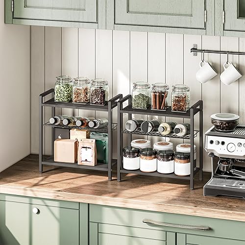 Miniatura 7 de HOOBRO Organizador de accesorios de barra de café de 3 niveles, organizador de especias, estante de encimera de cocina de madera con estante de