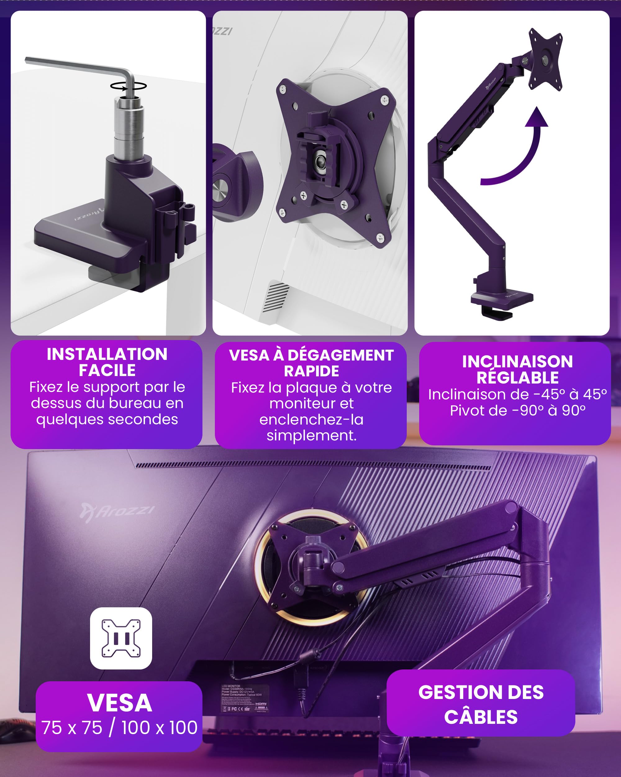 Arozzi Alzare Neo Single Bras Moniteur Ressort à Gaz - Pleine Mobilité, Hauteur Réglable 21–50 cm, VESA 75/100, Gestion des Câbles - Pince de Bureau & Passe-Câble Inclus - Jusqu'à 9 kg - Violet