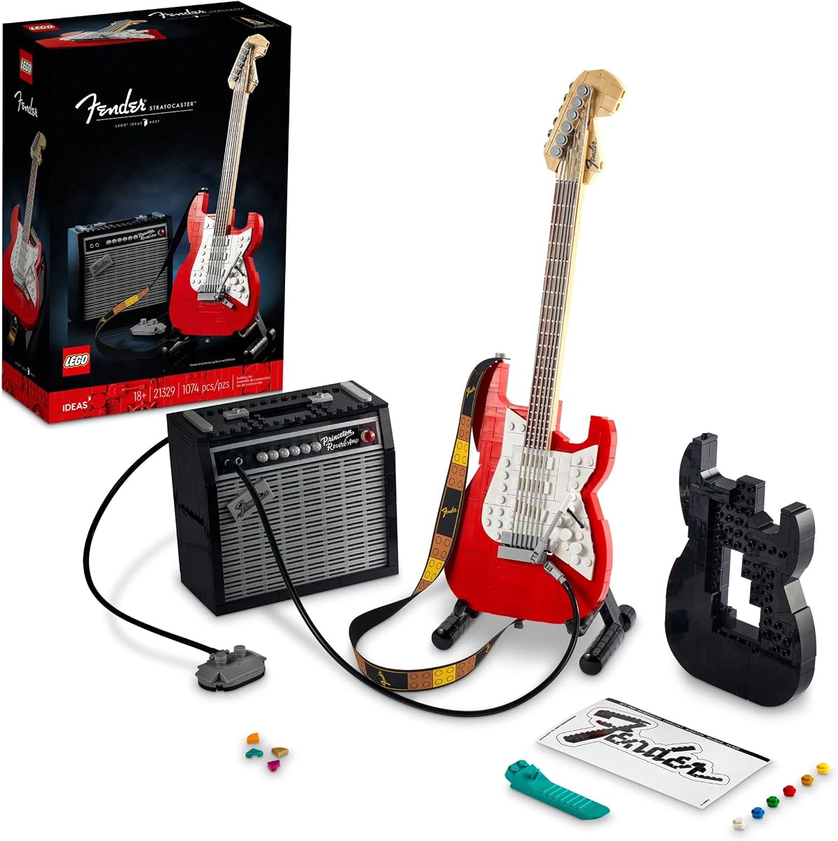 LEGO Ideas Fender Stratocaster 21329 Juego de construcción de modelo de guitarra DIY para amantes de la música, completo con 65 amplificadores de reverberación Princeton y accesorios auténticos, la manera perfecta de regalar rock