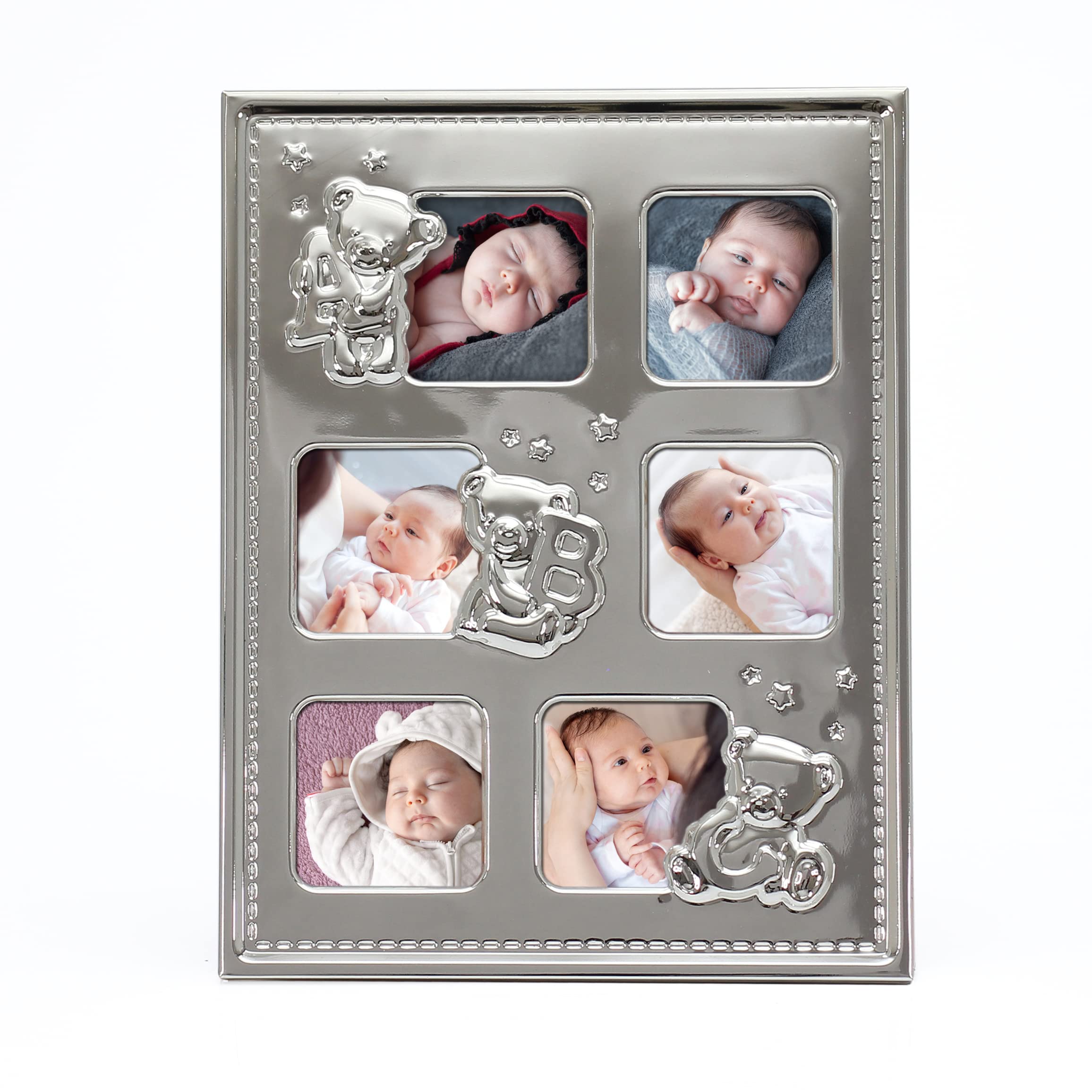 MIMOSA MOMENTS Bear and Star Shiny Silver-plated Metal Baby Picture Frame (6-Opening Photo Collage, Silver Plated)