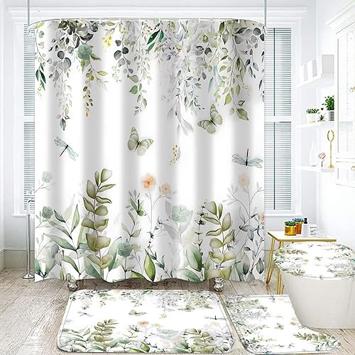 Miniatura 40 de DDQQ Juego de cortinas de ducha de hojas verdes con alfombra antideslizante, cubierta para tapa de inodoro y tapete de baño, juego de cortinas